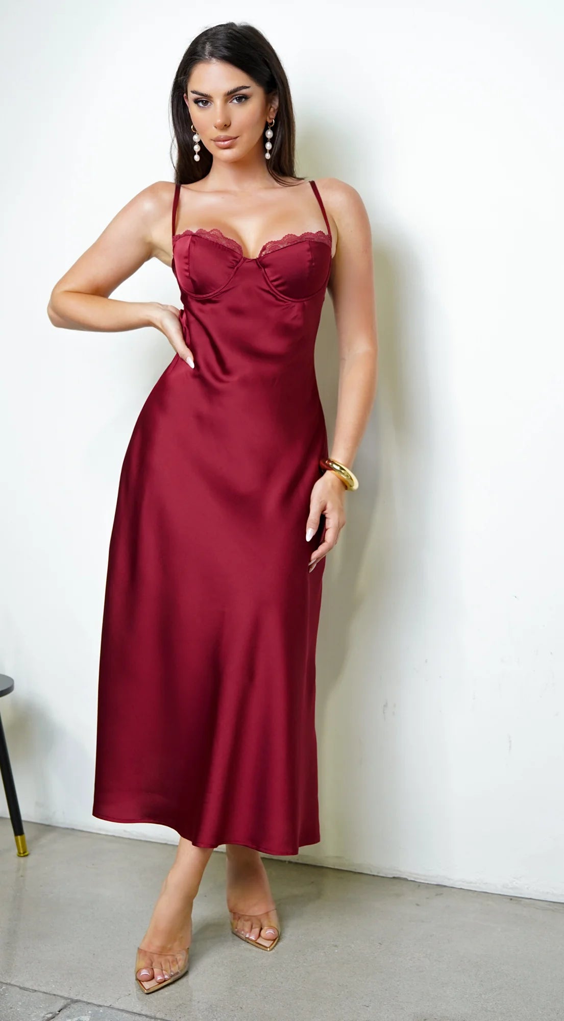 Civelle Satin Maxi Dress Burgundy Red