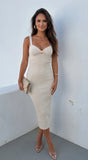 Veroniqa Ribbed Knit Sweetheart Midi Dress Beige