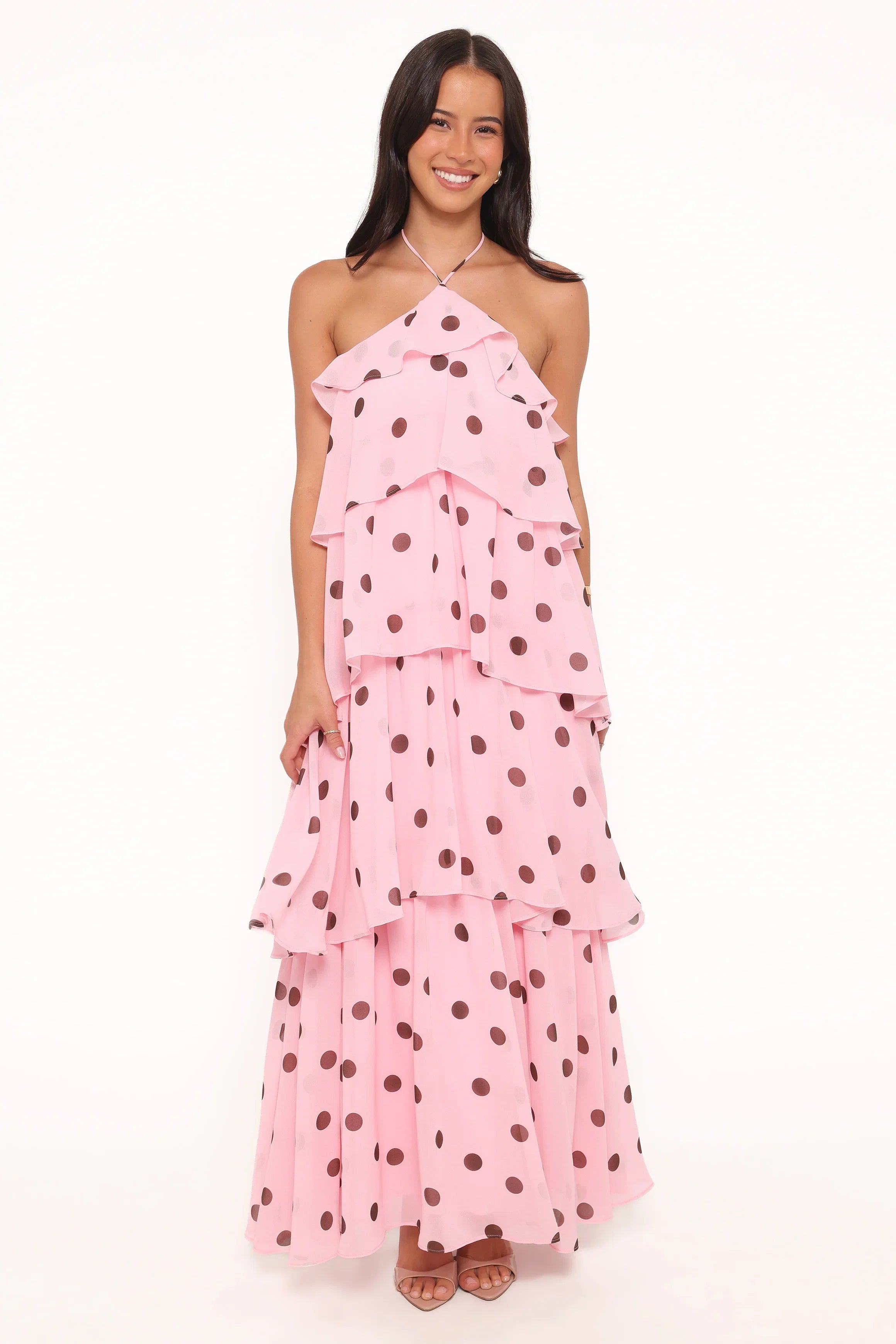 Chasity Halterneck Maxi Dress Pink Polka Dot