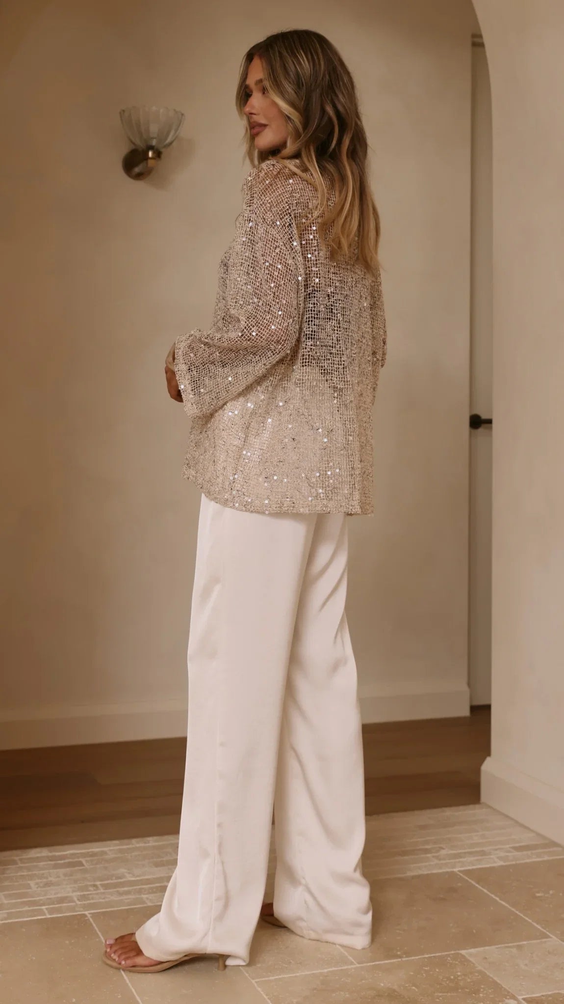 Zahni Sequins Long Sleeve Top Beige