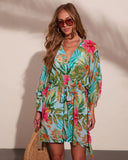 Arellie Tropical Floral Waist Tie Cover Up Top