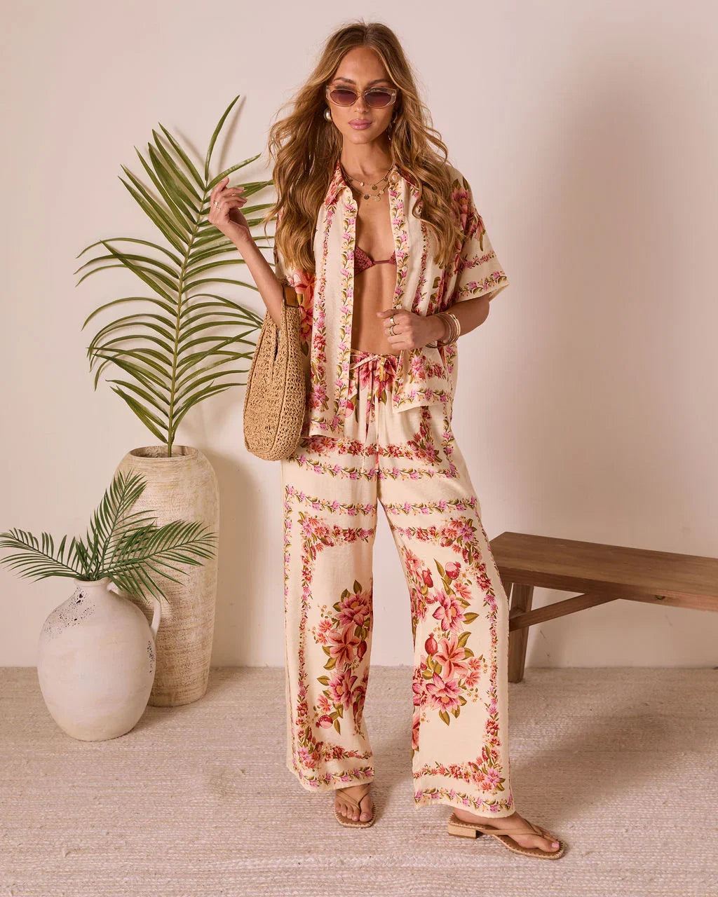 Hibiscus Haze Abstract Printed Button Up Top
