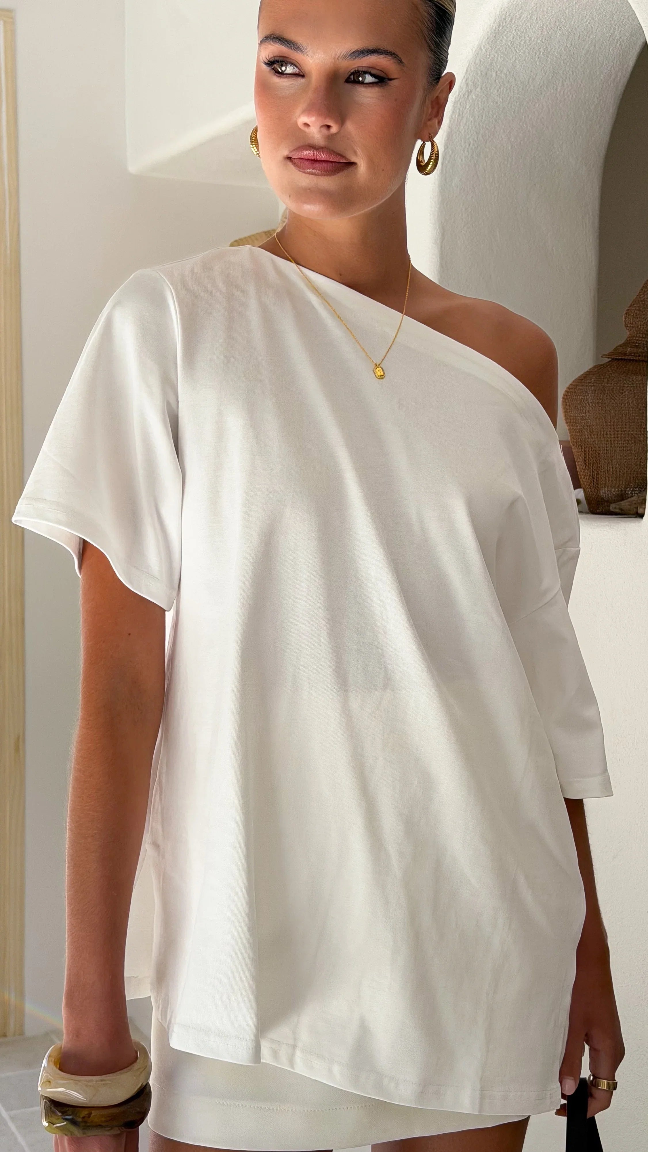 Pia One Shoulder Oversize Tee White