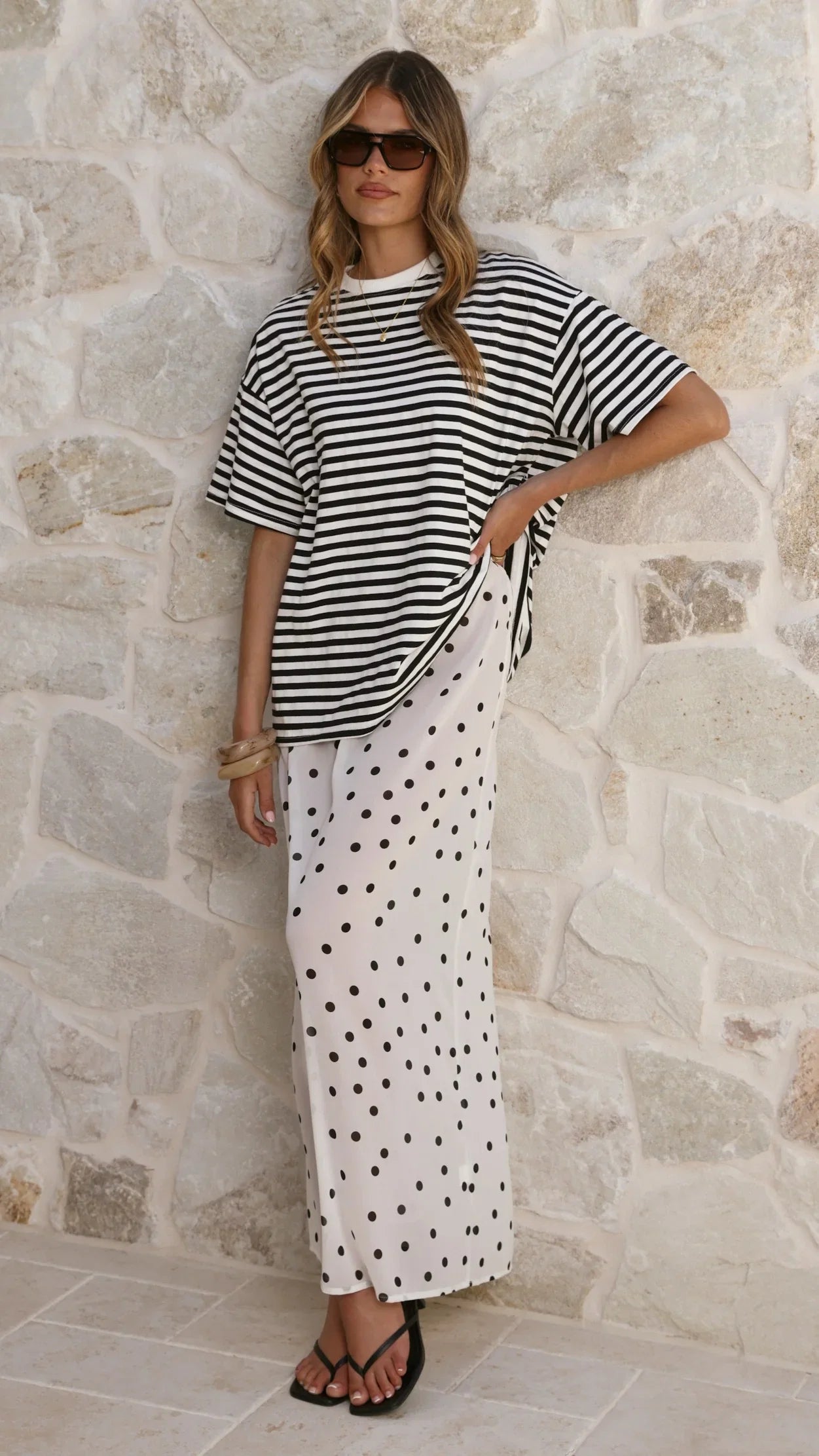 Elisha T Shirt and Sheer Maxi Skirt Set Black White Stripe and Polka Dot
