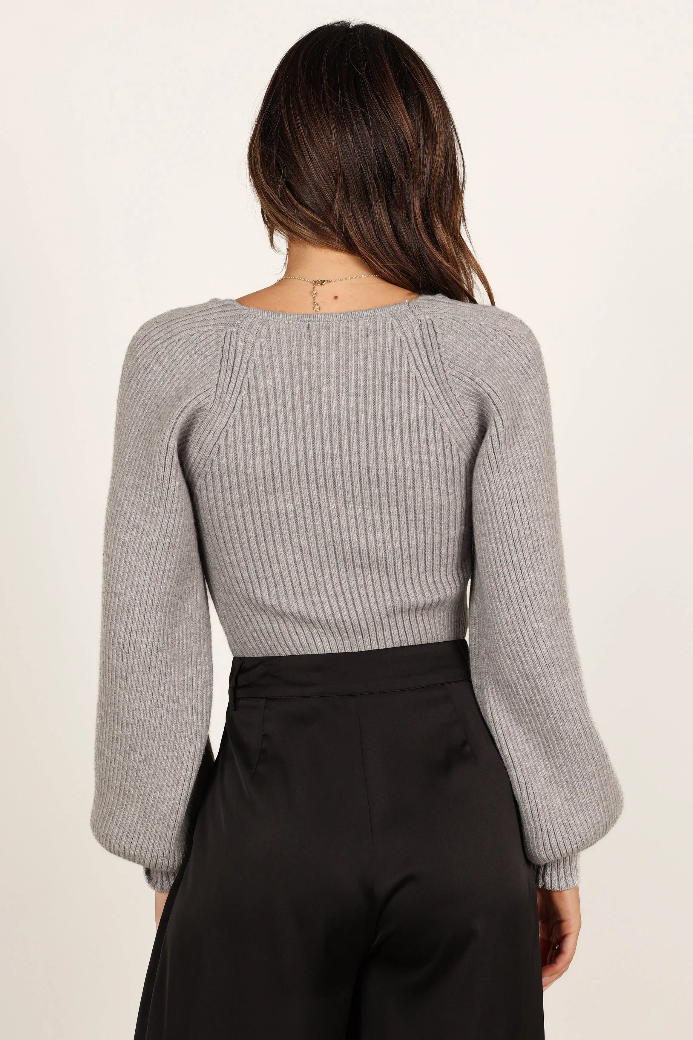 Gia Sweetheart Neck Bell Sleeve Knit Sweater Light Grey