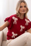 Cherish Ruffle Sleeve Bow Knit Sweater Red