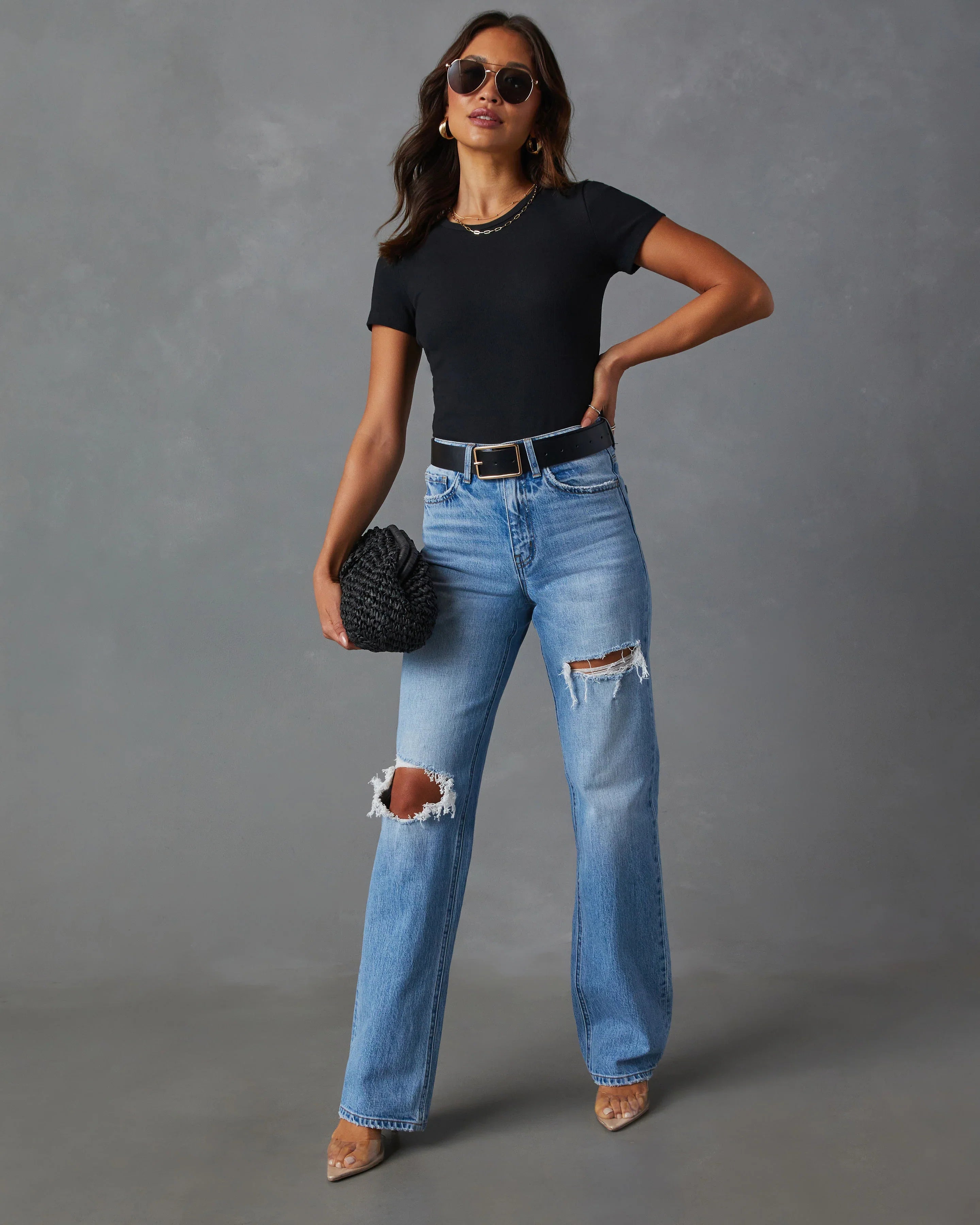 Sequoia Stretch High Rise Straight Leg Distressed Jeans