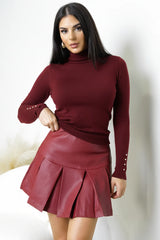 Nerix Pleated PU Leather Skirt Brick Red