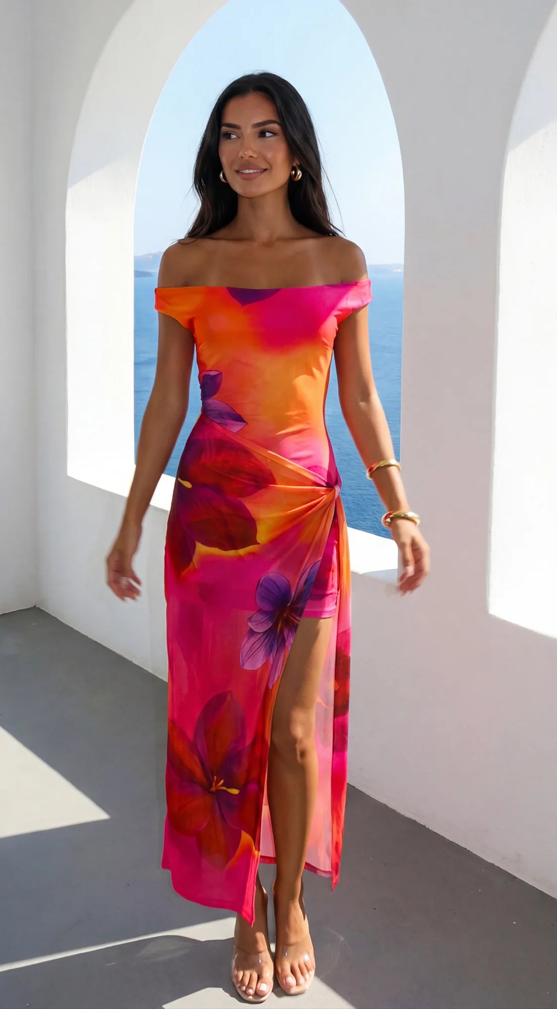 Solmira Mesh Off Shoulder Maxi Dress Pink Multi
