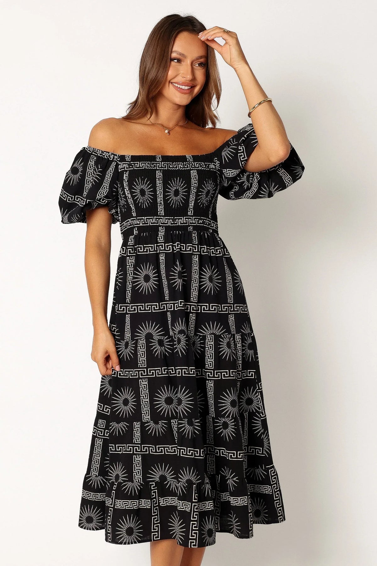 Soliel Puff Sleeve Midi Dress Black Tan
