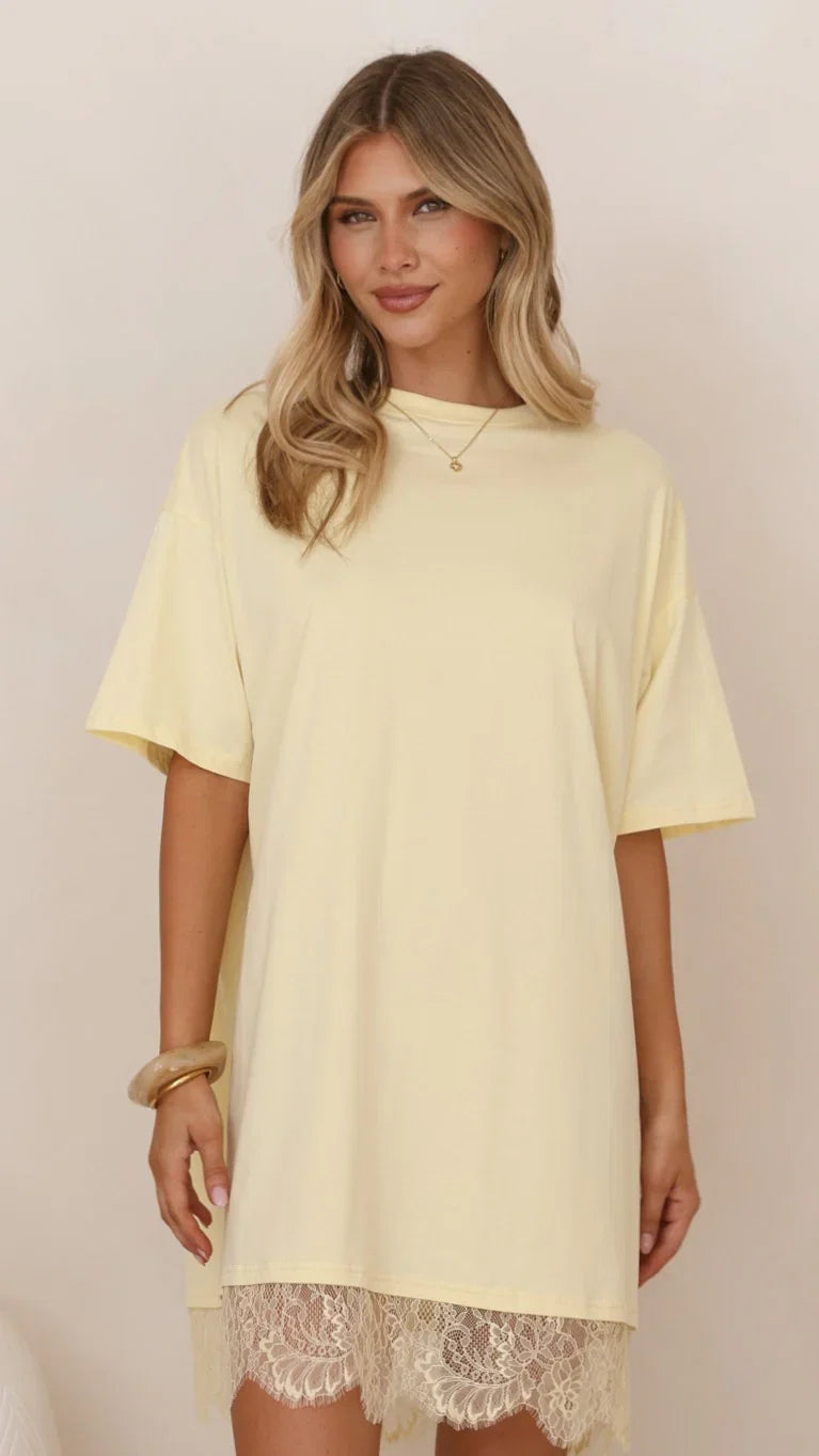Saya T Shirt Lace Mini Dress Yellow