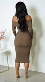 Sonja Off Shoulder Long Sleeve Ribbed Midi Dress Brown