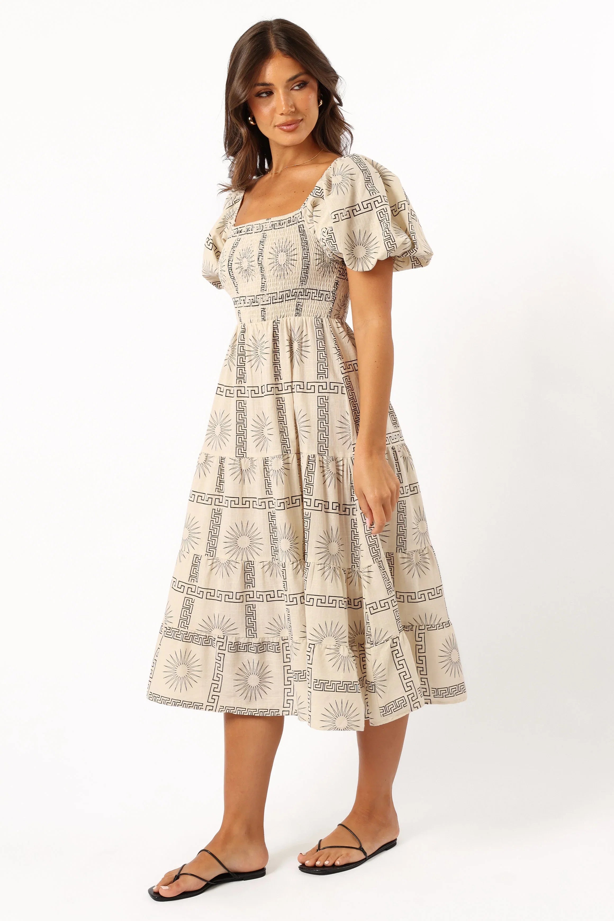 Soliel Puff Sleeve Midi Dress Beige Black