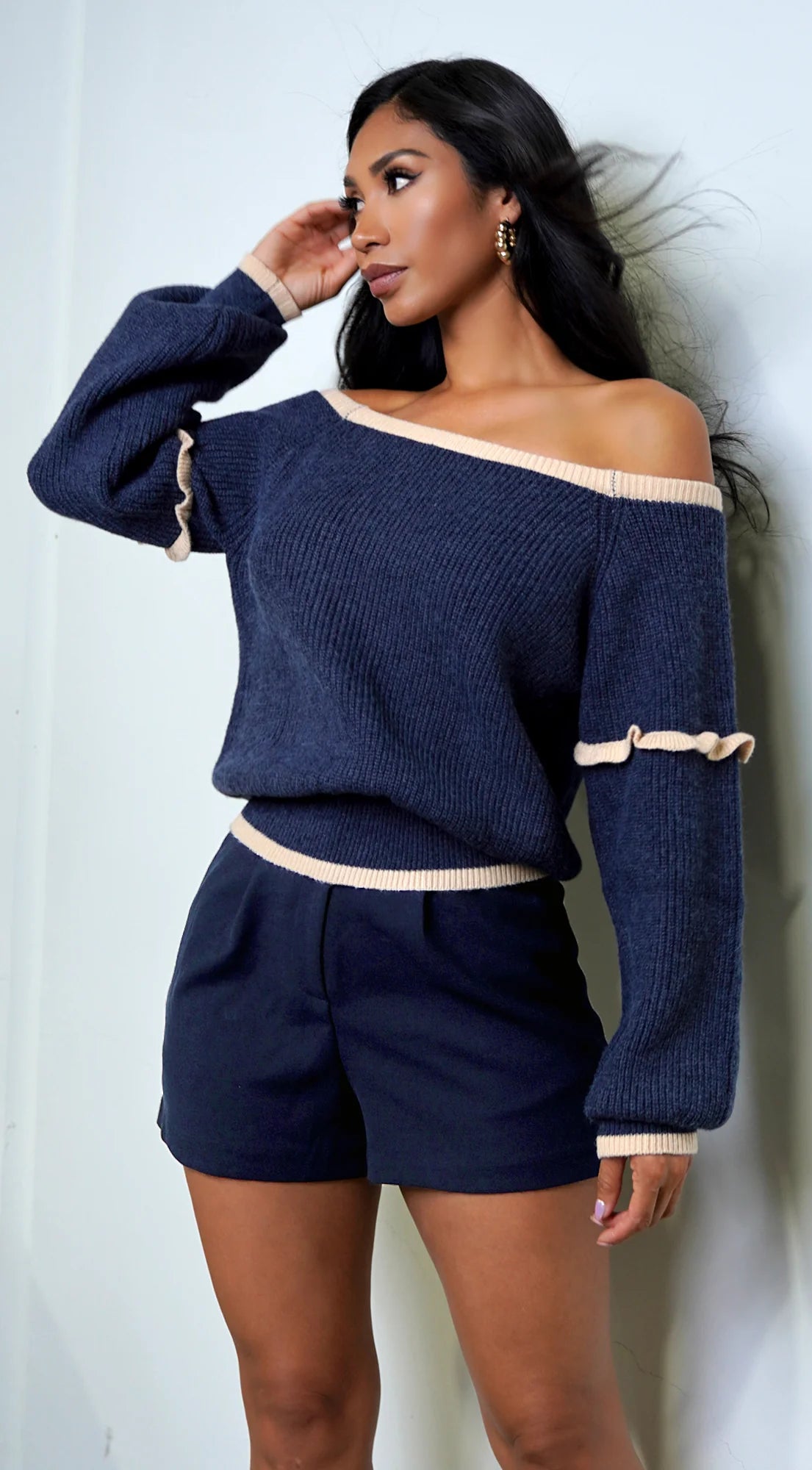 Frankfurt Off Shoulder Sweater Top Blue
