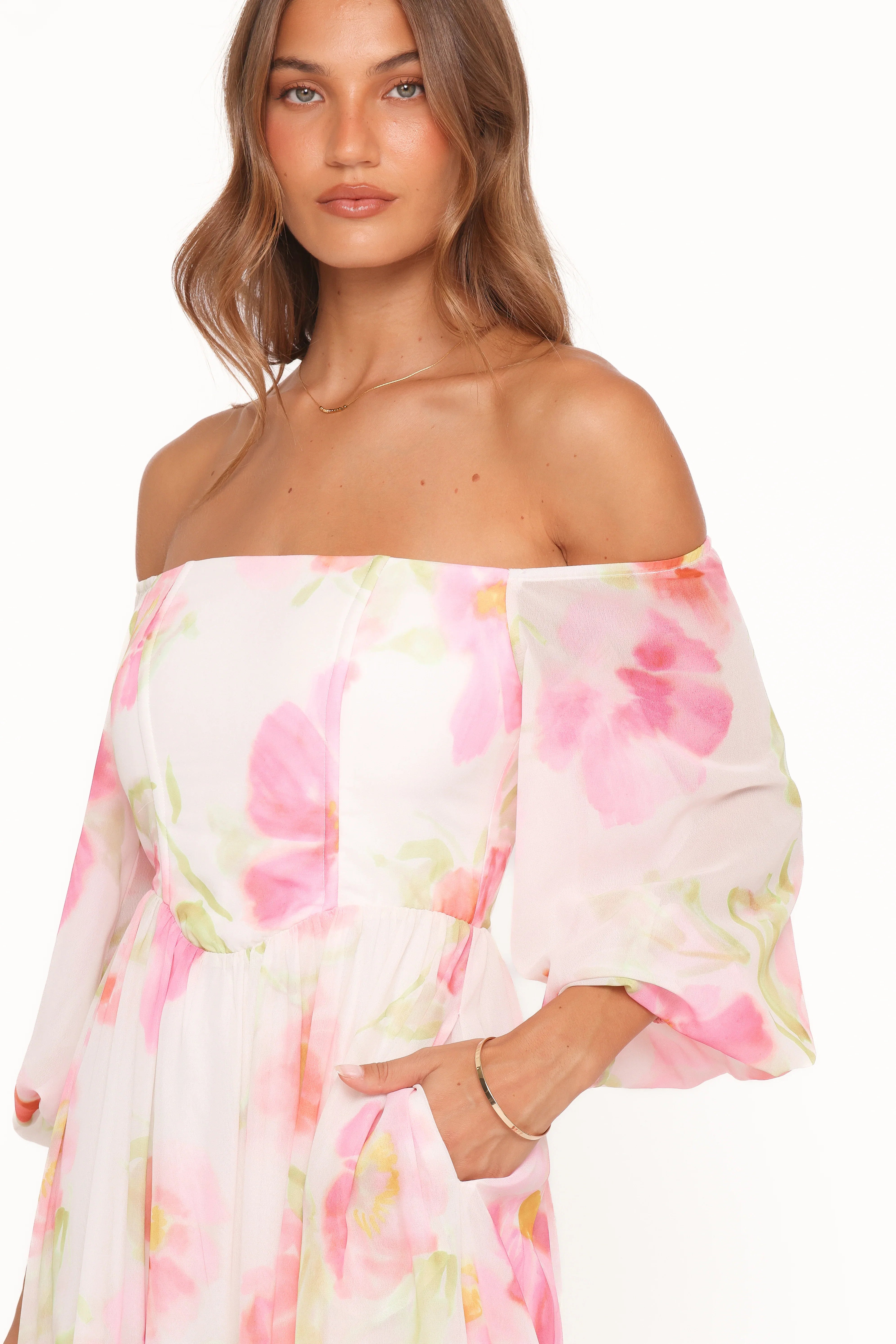 Chantel Off Shoulder Maxi Dress Pink Garden Floral