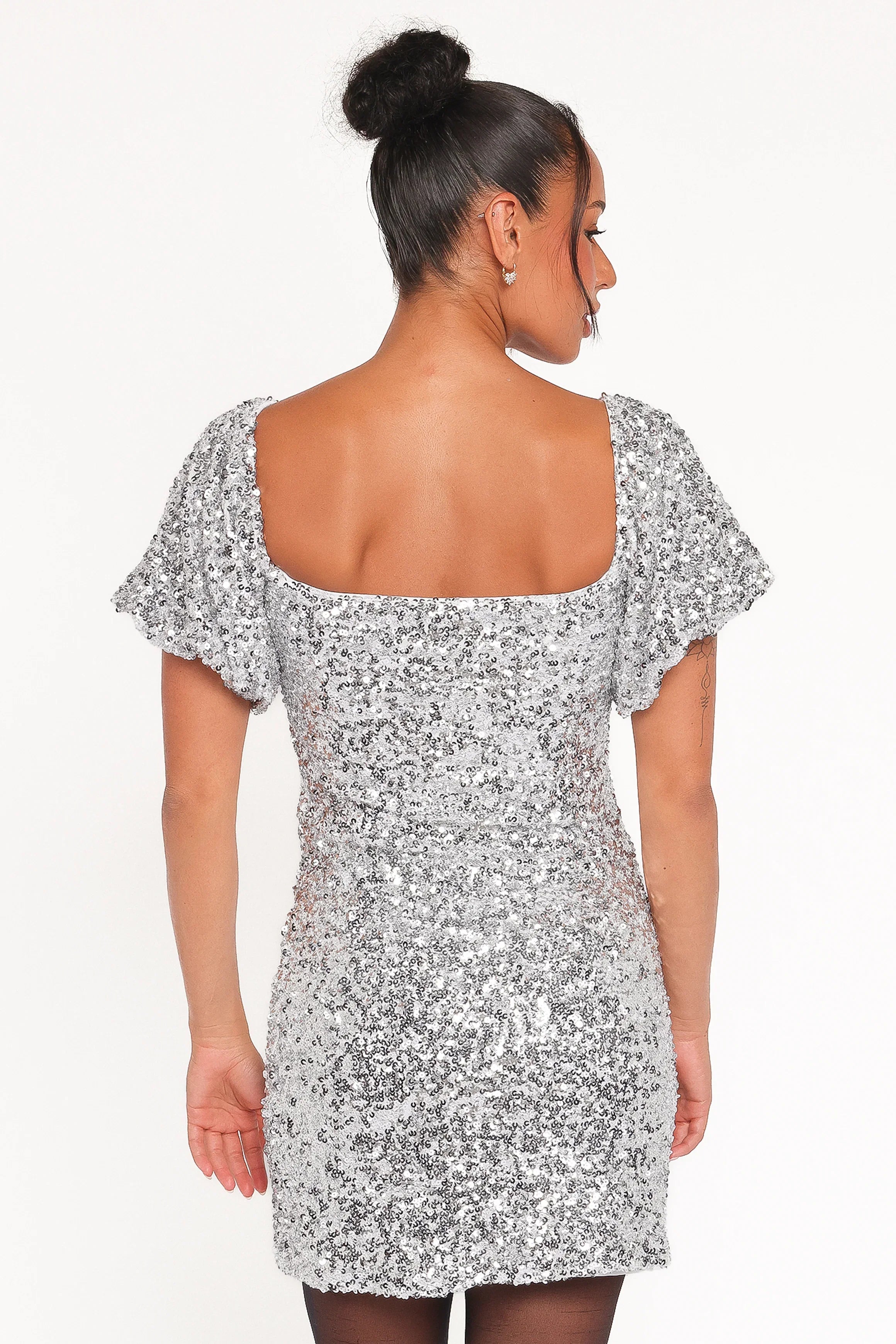 Tory Off Shoulder Sequin Mini Dress Silver