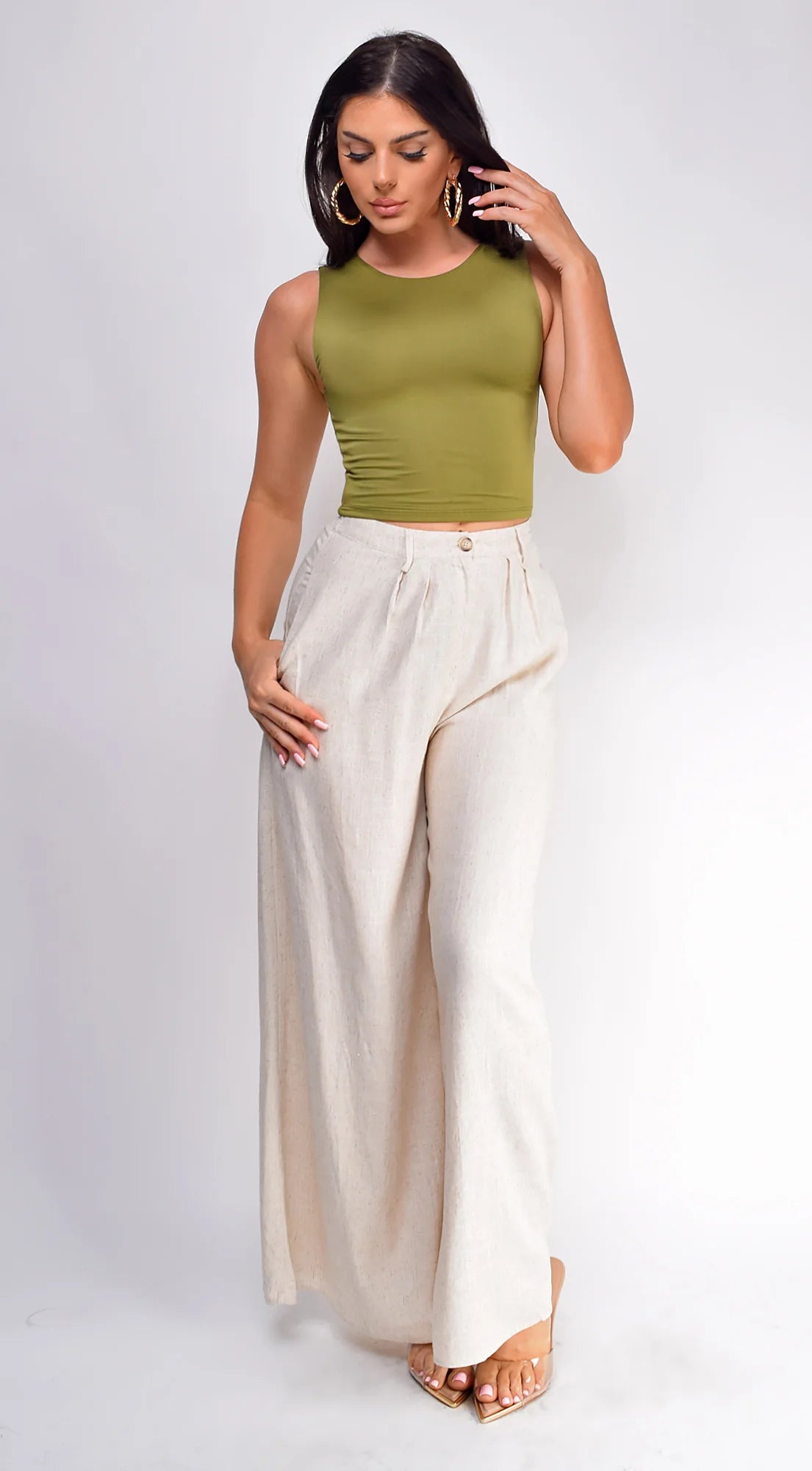 Emma High Waist Linen Pants Beige