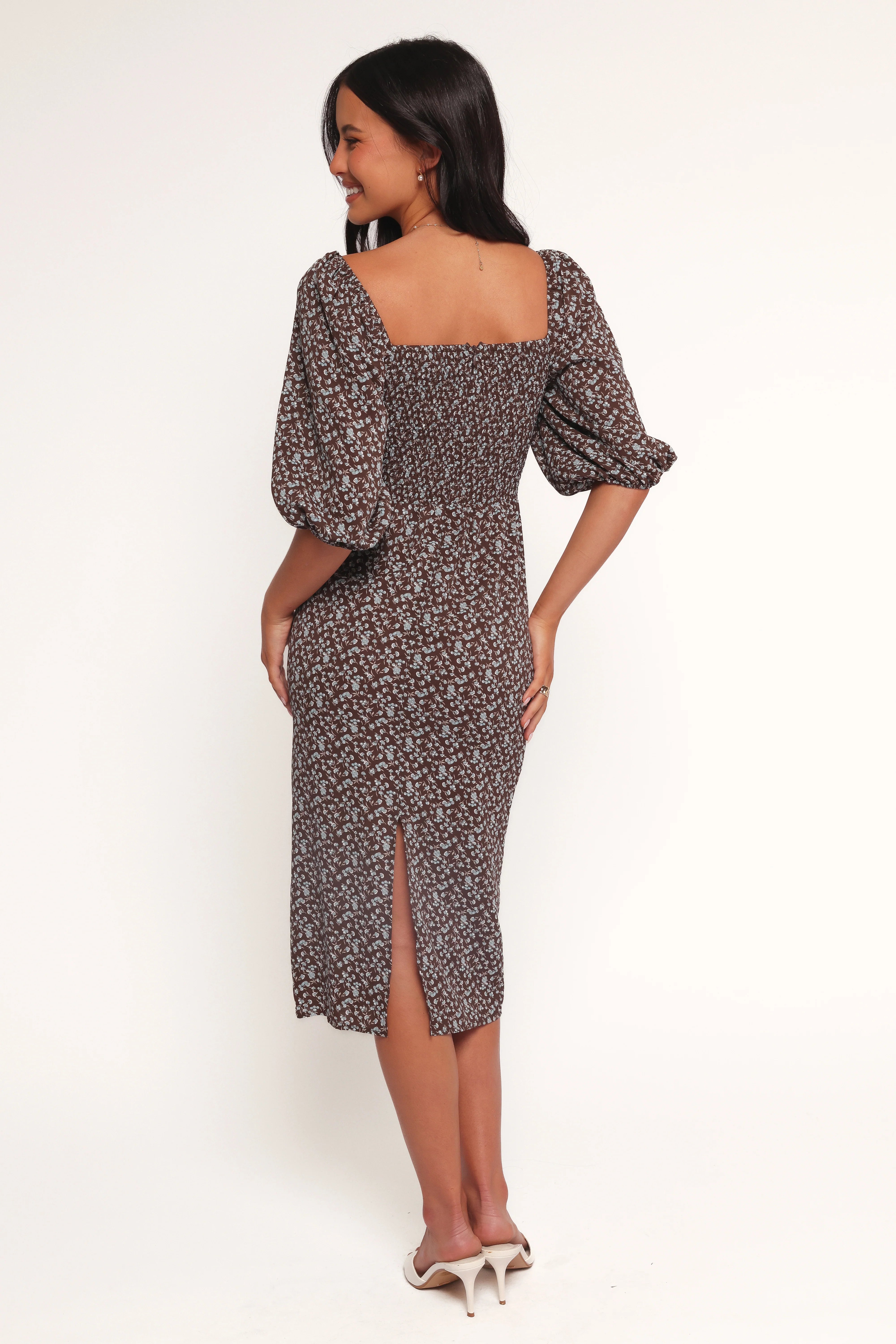 Oona Midi Dress Brown Blue Floral