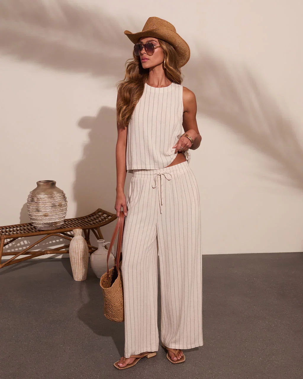 Lainee Striped Drawstring Linen Blend Wide Leg Pants