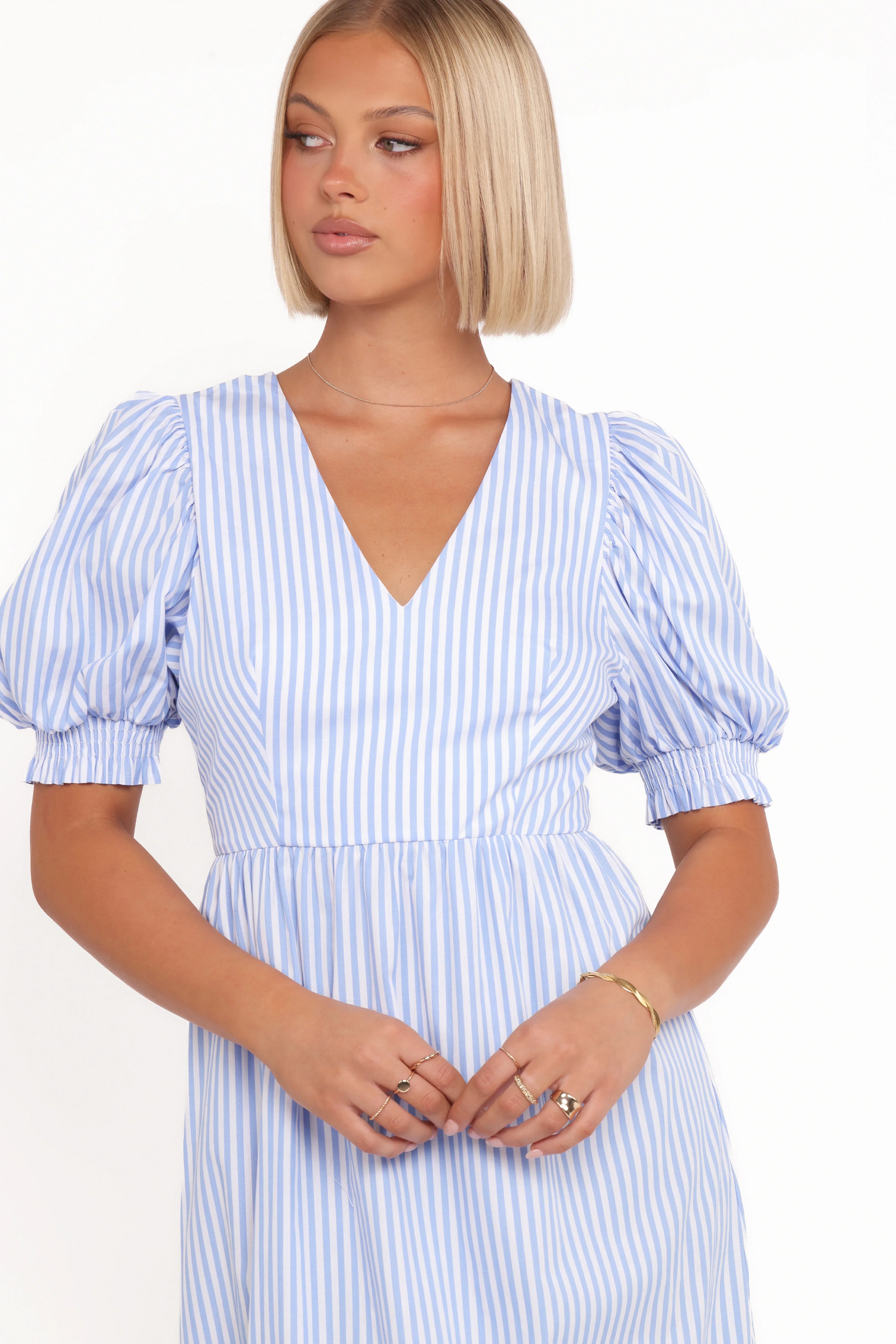 Steele Puff Sleeve Midi Dress Blue Stripe
