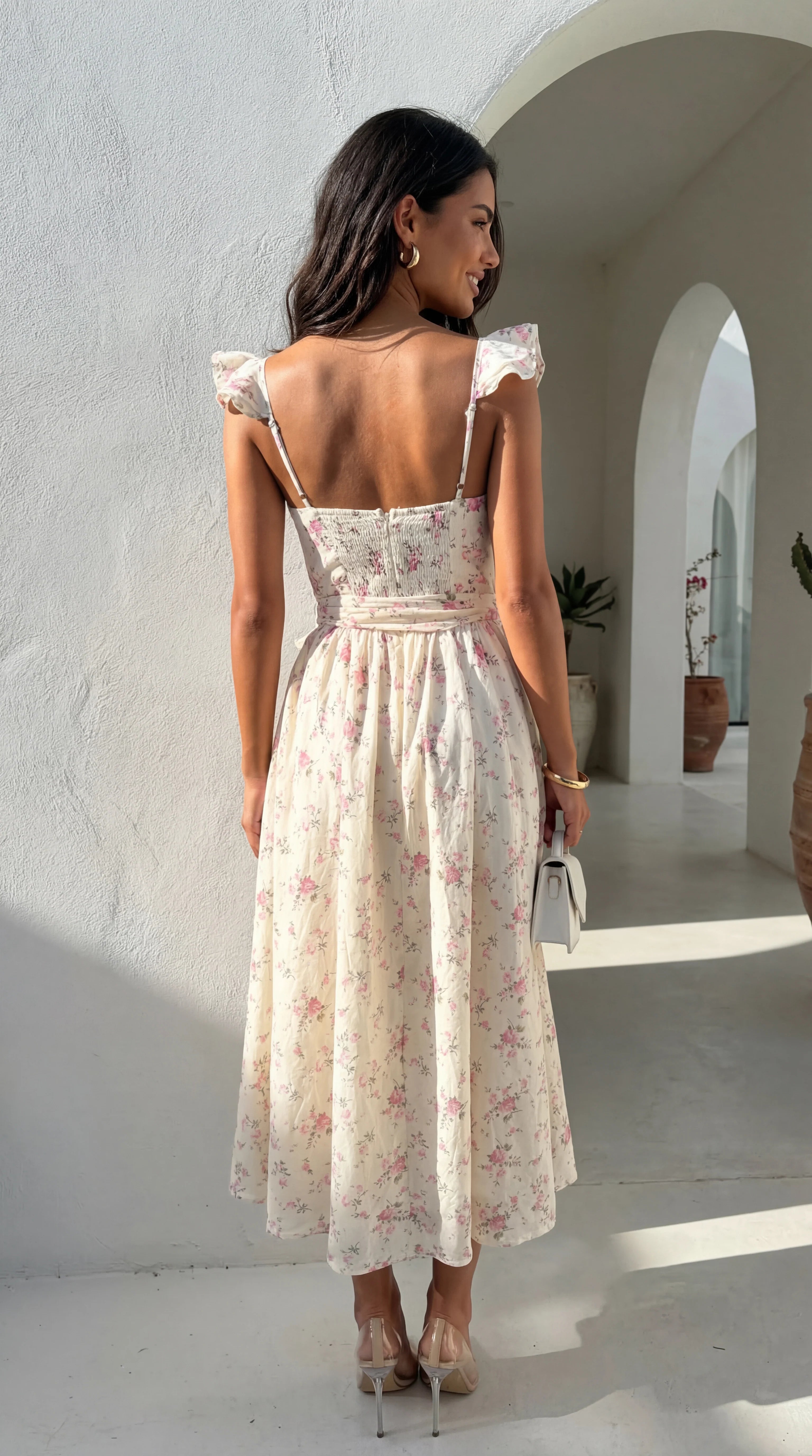 Florienne Floral Corset Flutter Midi Dress Ivory