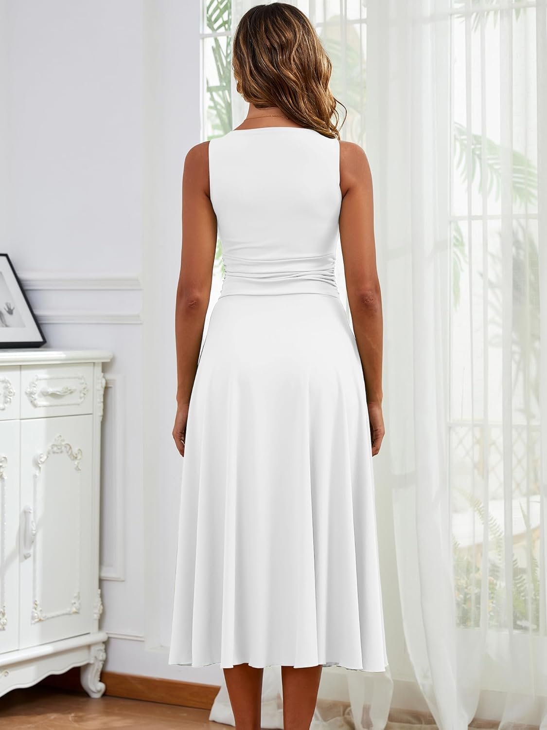 Boat Neck Sleeveless A Line Maxi Dress Ruffle Flowy Casual Long Dresses