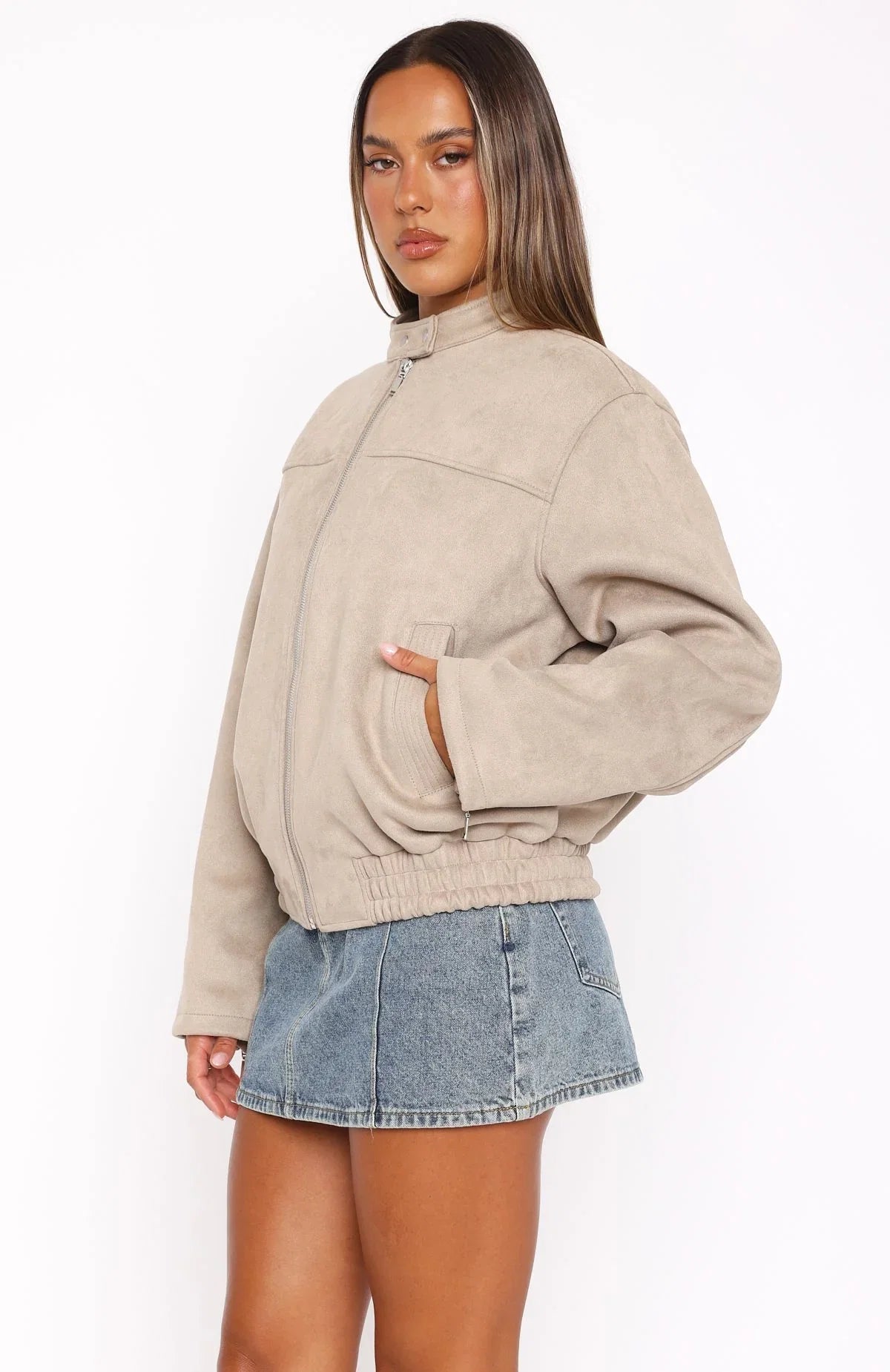 Watchin Out Faux Suede Bomber Jacket Sand