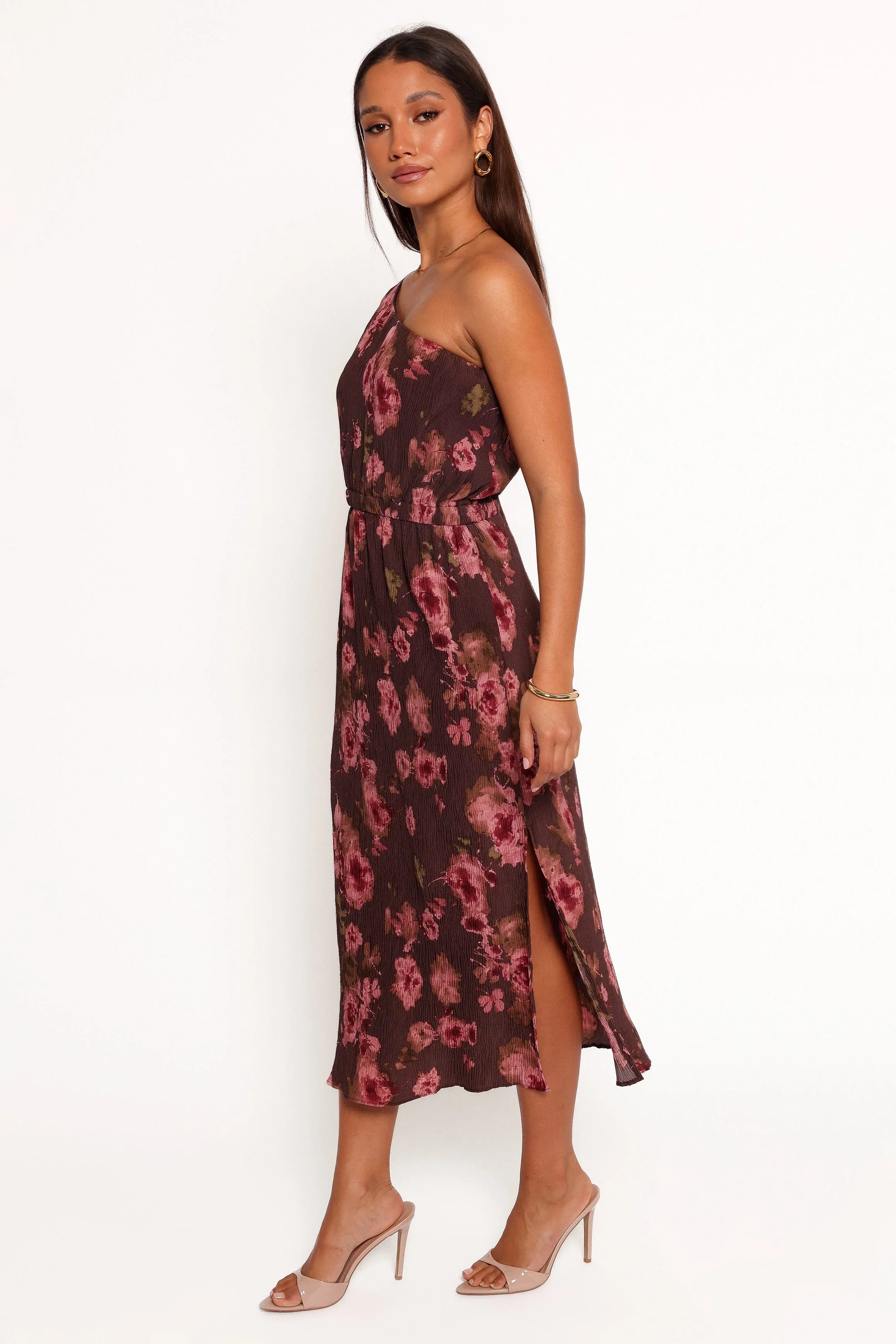 Pontee One Shoulder Pleated Midi Dress Chocolate Brown
