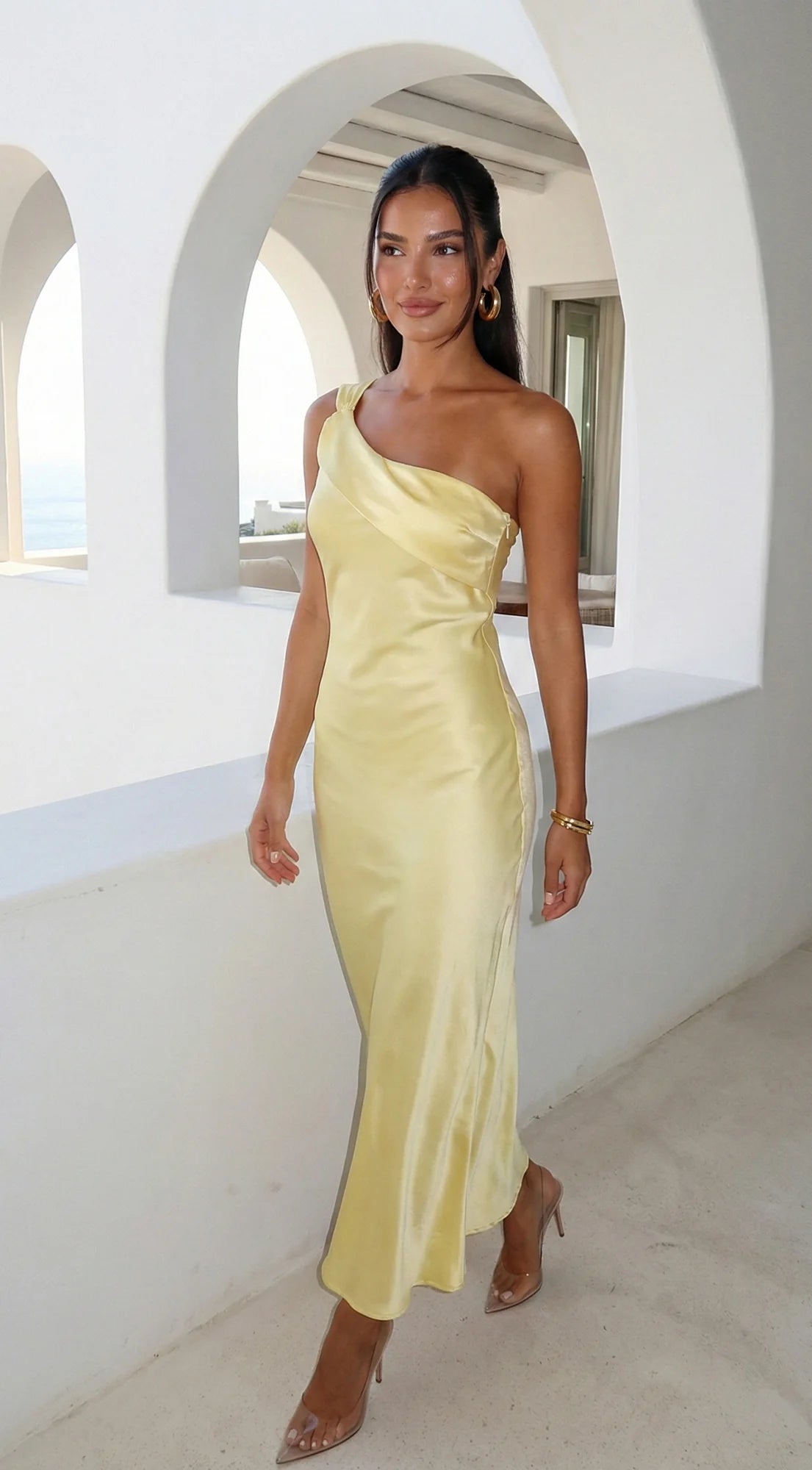 Valencia One Shoulder Satin Maxi Dress Butter Yellow