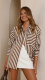 Zoah Long Sleeve Button Up Shirt Choc Champagne Stripe