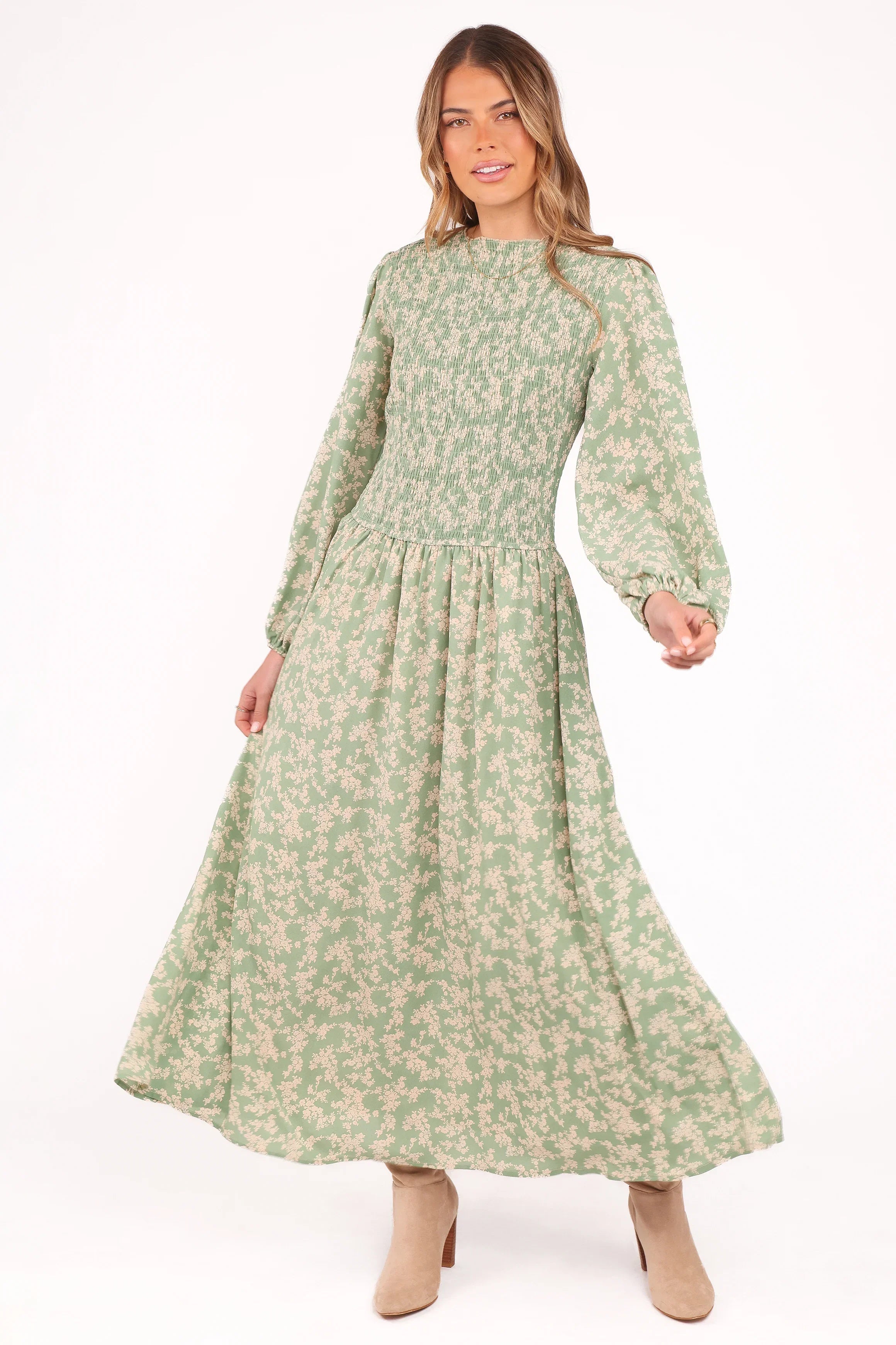 Ashara Long Sleeve Midi Dress Green Floral