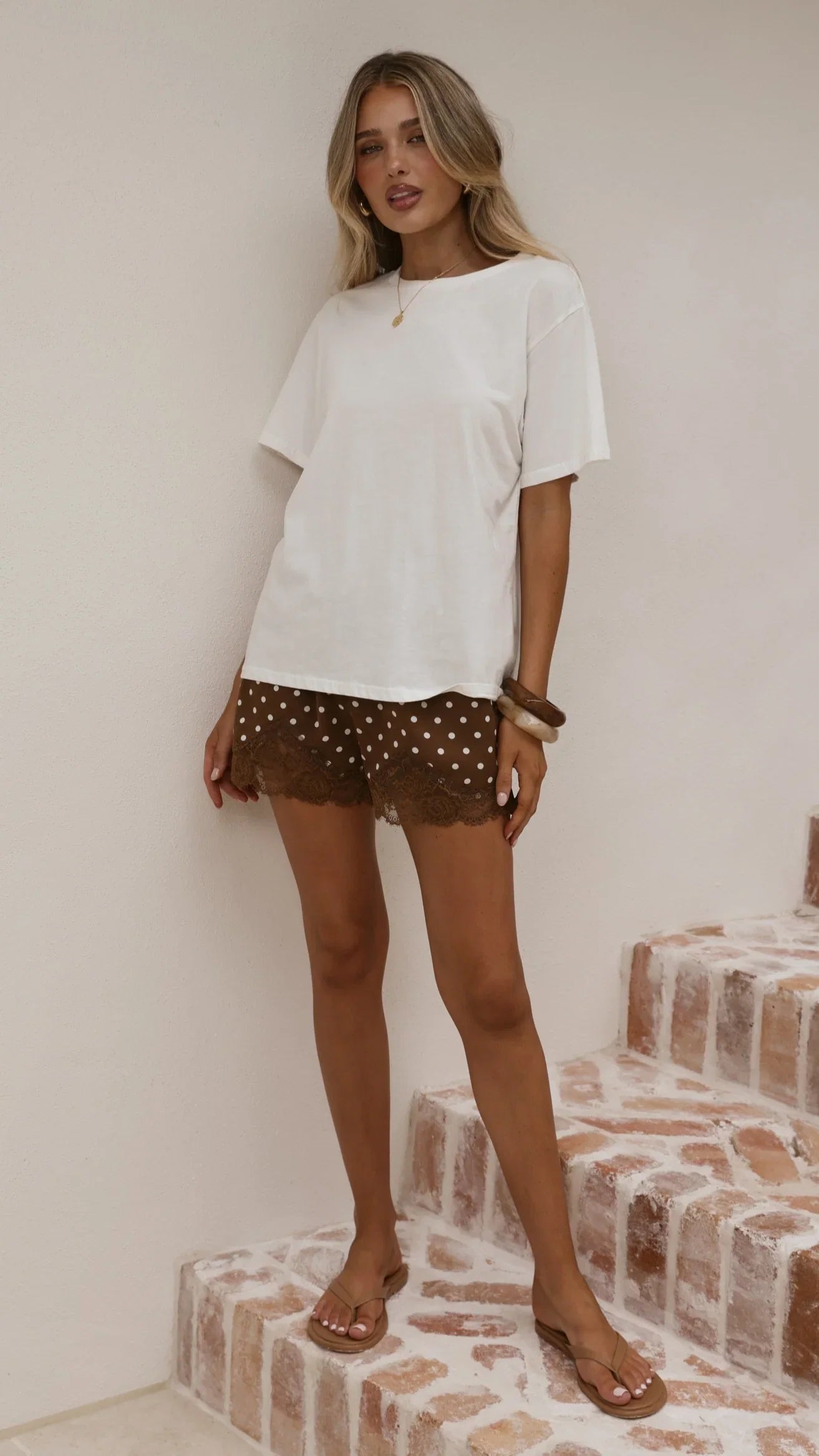 Makoa Lace Shorts Choc White Polka