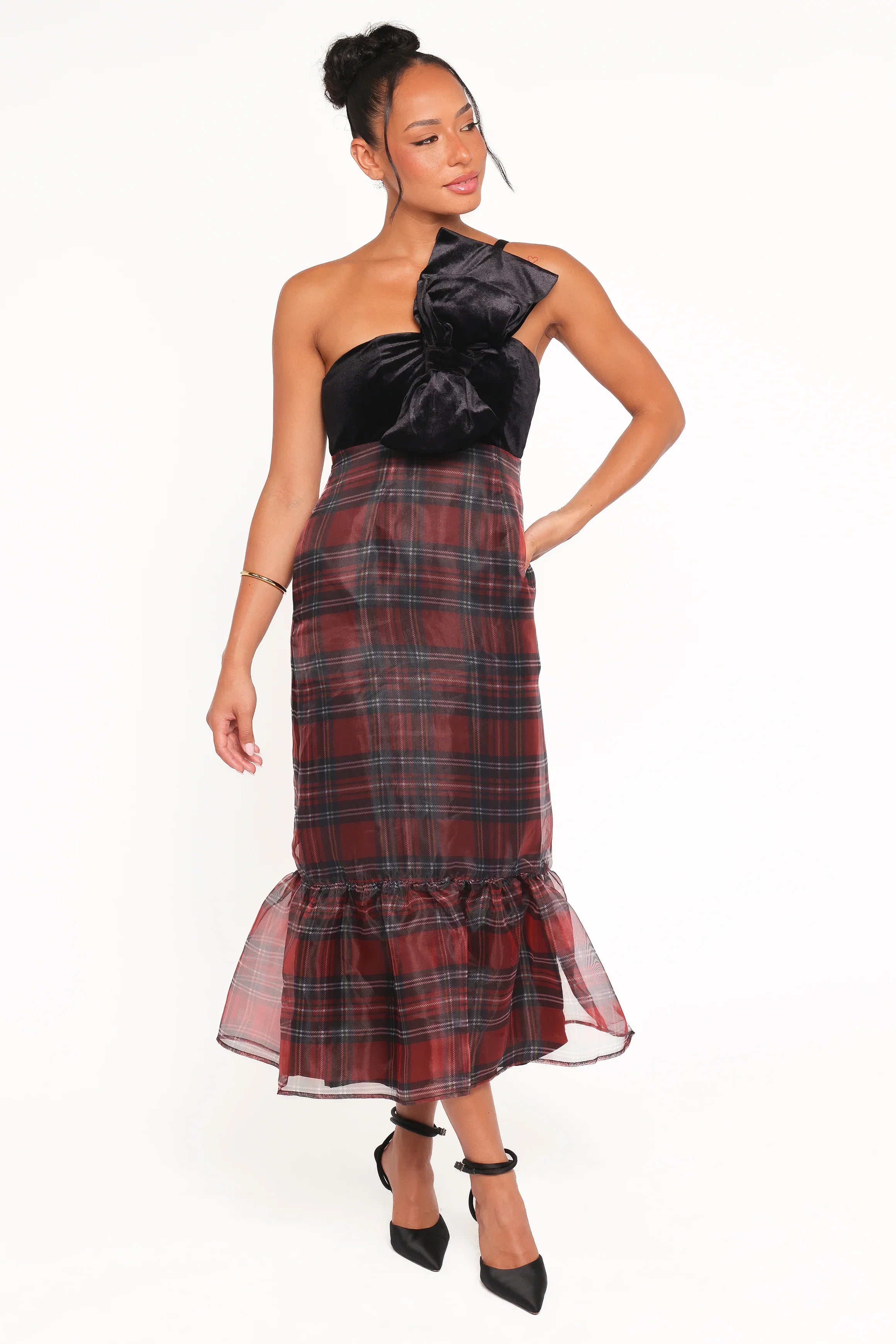Amelie Bow Front One Shoulder Midi Dress Red Plaid