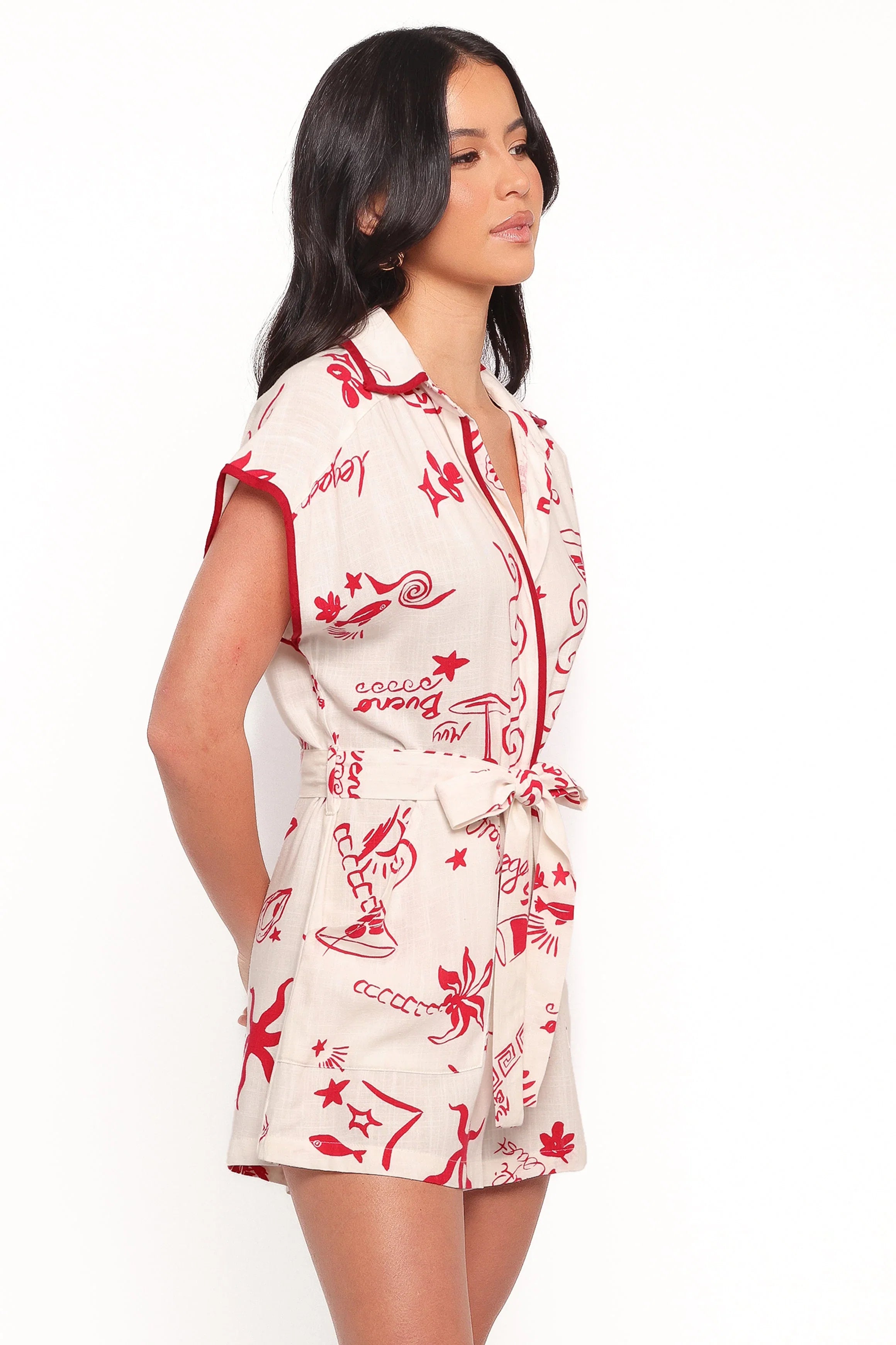 Kensie Tie Waist Romper Red