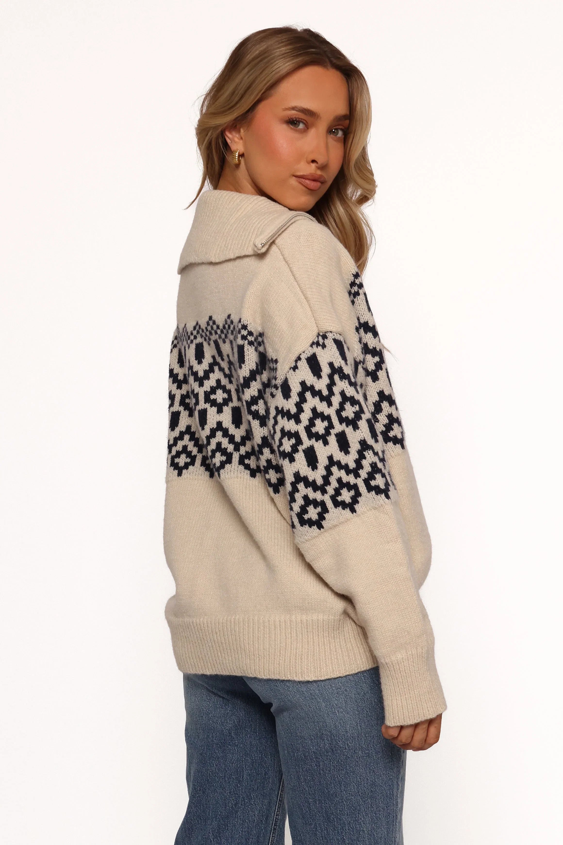 Jethro Quarter Zip Fairisle Knit Sweater Cream Navy