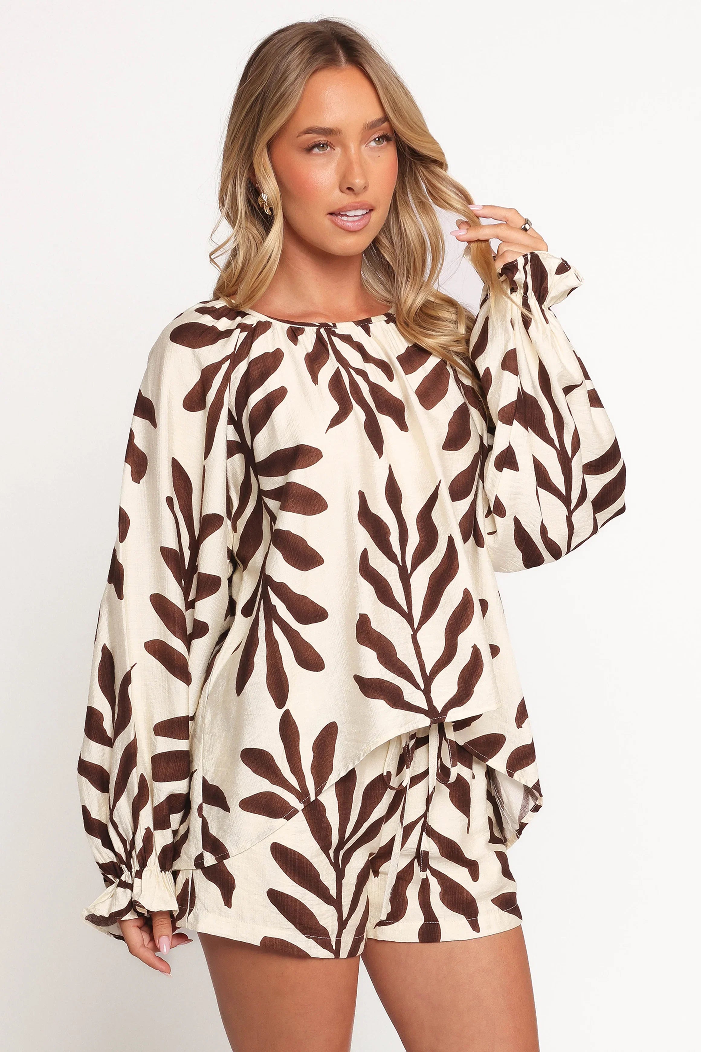 July Long Sleeve Smock Top Brown Palm