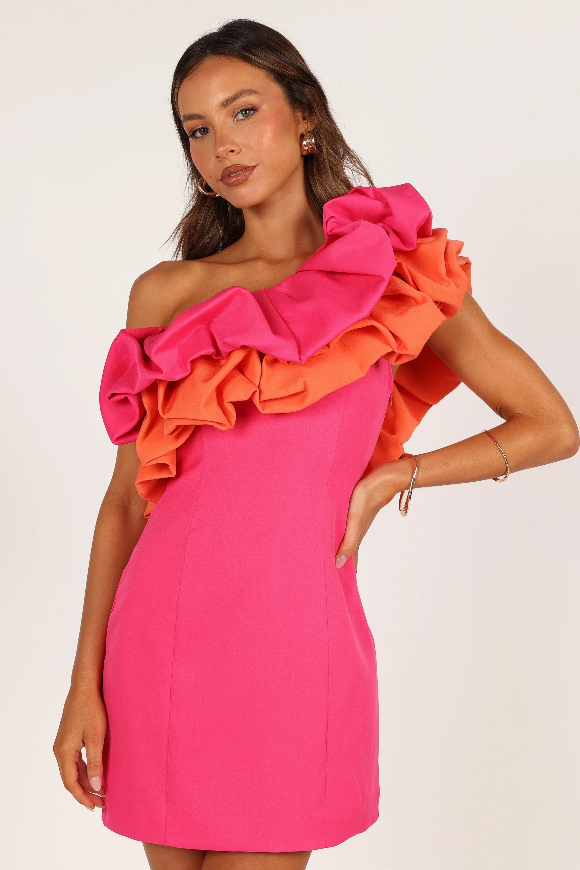 Phoebe One Shoulder Mini Dress Pink Orange