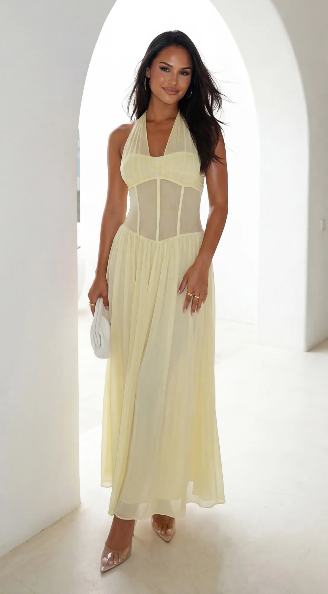 Aurevyn Halter Mesh Maxi Dress Butter Yellow