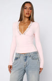 Knew That All Along Lace Trim Long Sleeve Top Baby Pink