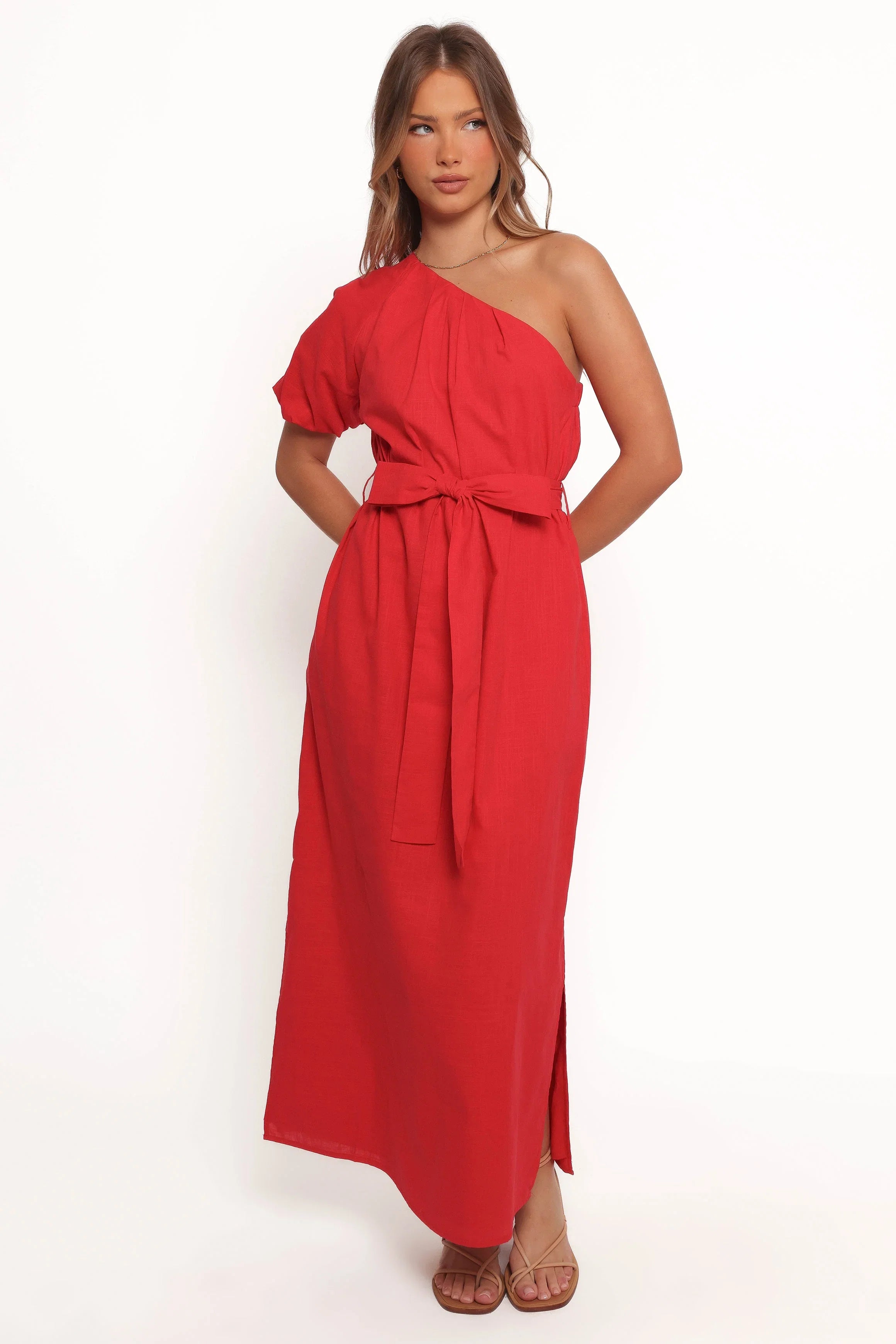 Roma One Shoulder Midi Dress Red
