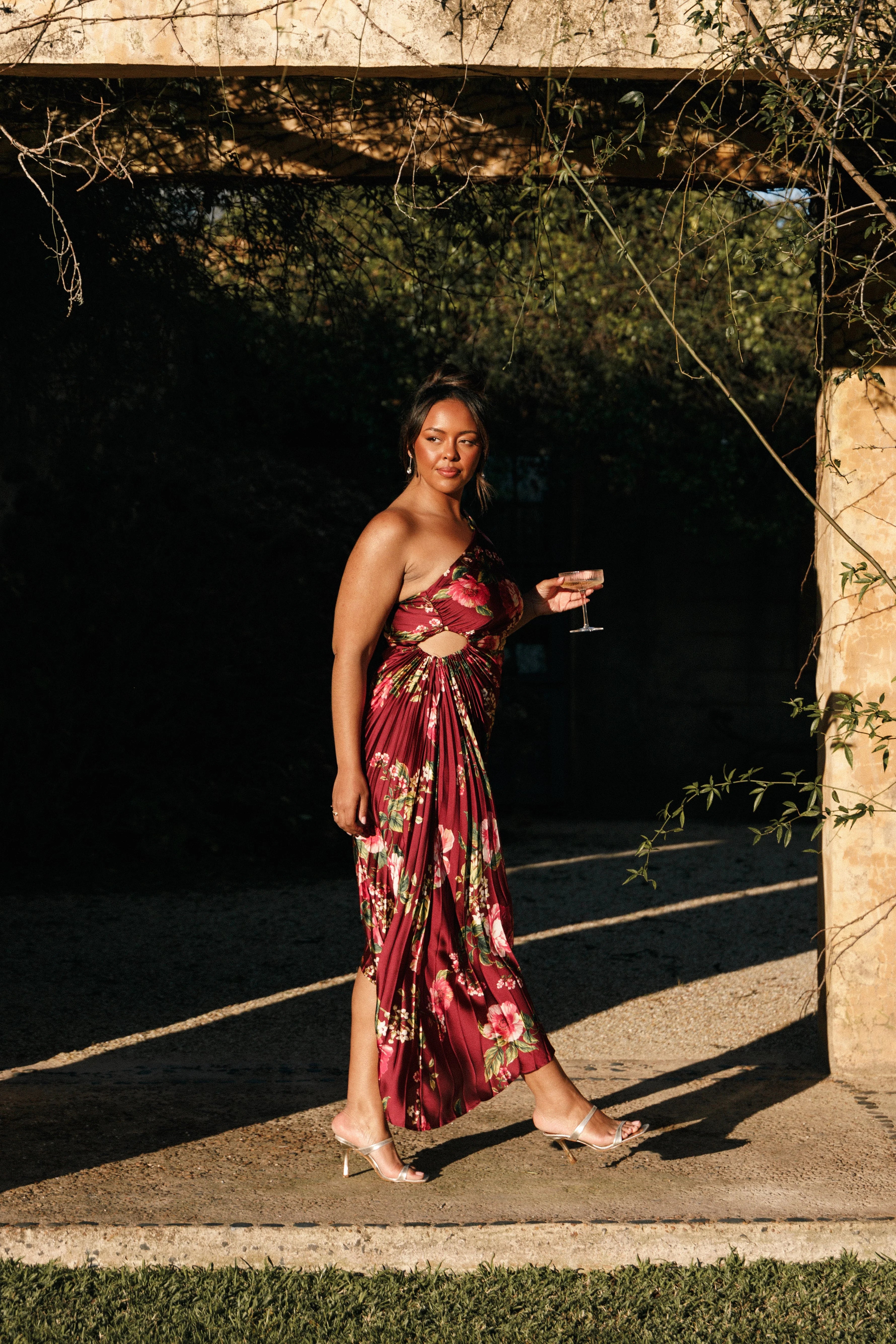 Kleo One Shoulder Maxi Dress Burgundy Floral