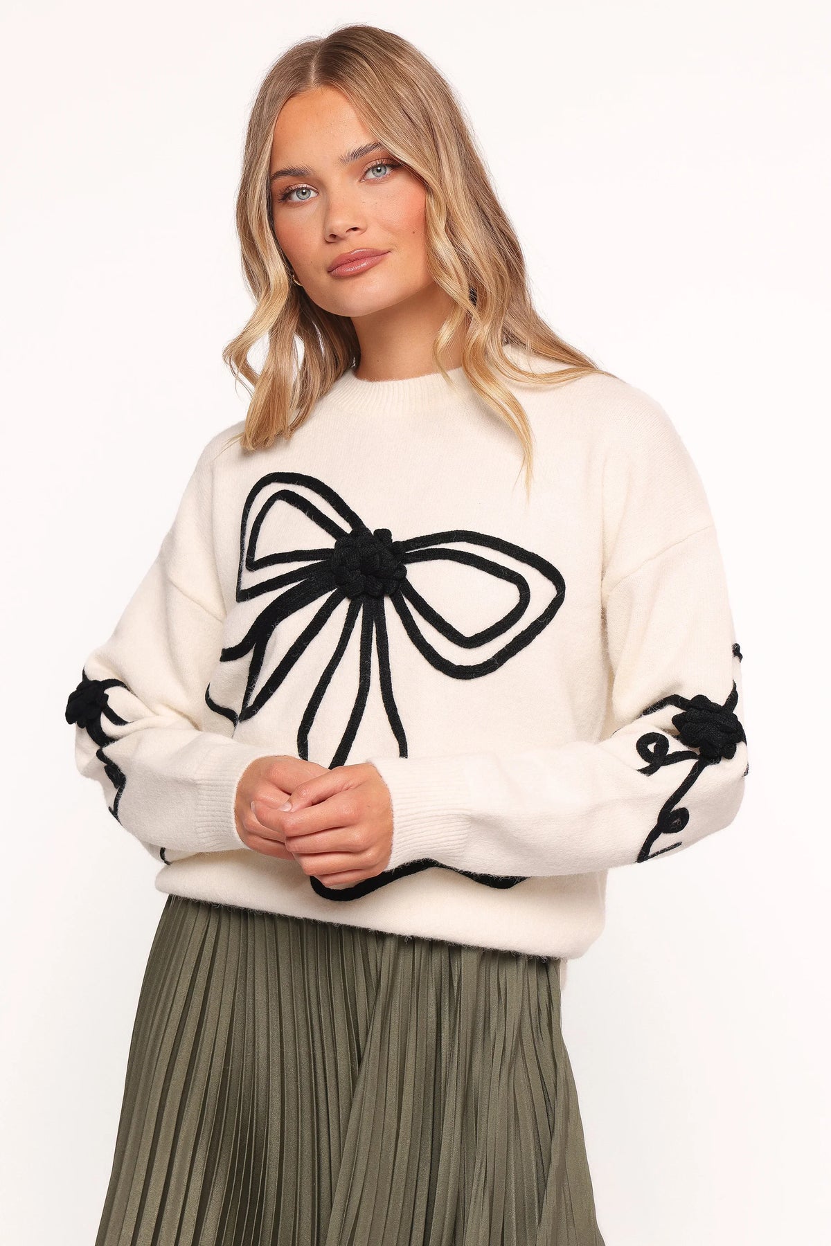 Isiora Bow Embroidered Knit Sweater Cream