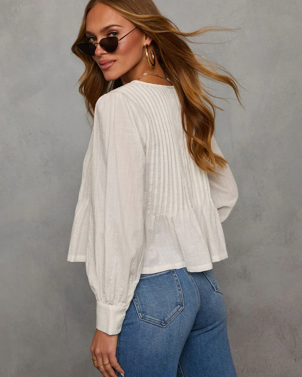Love Lost Front Tie Pleated Peasant Blouse