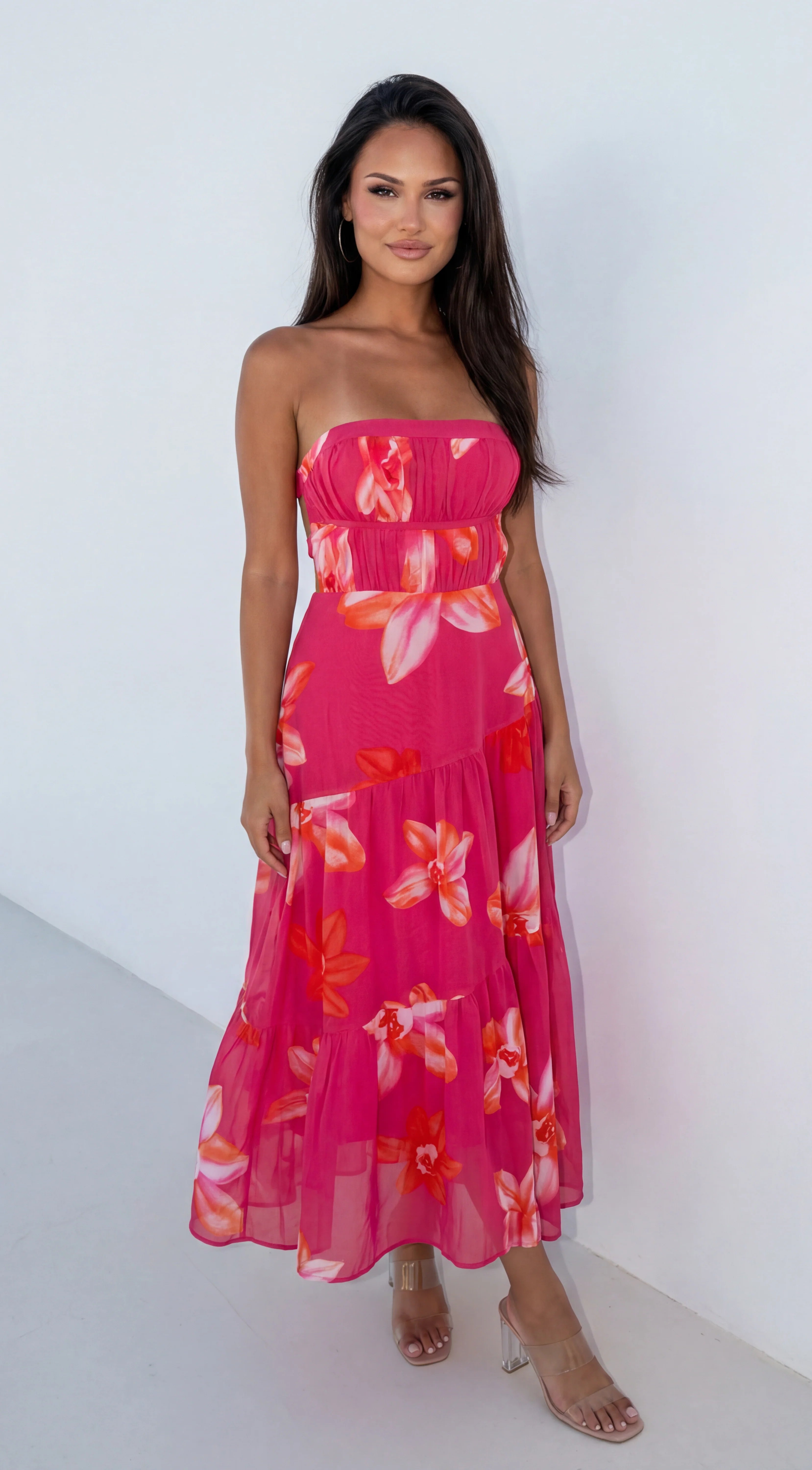 Paradiso Floral Print Midi Dress Pink