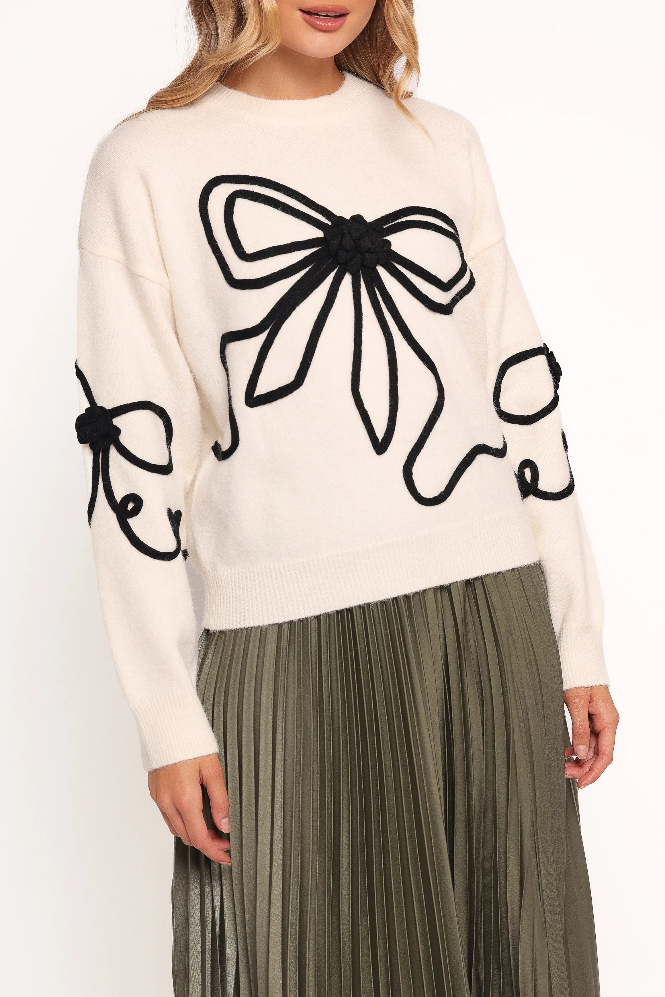 Isiora Bow Embroidered Knit Sweater Cream