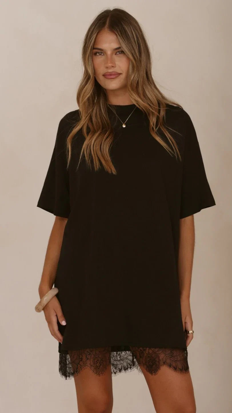 Saya T Shirt Lace Mini Dress Black