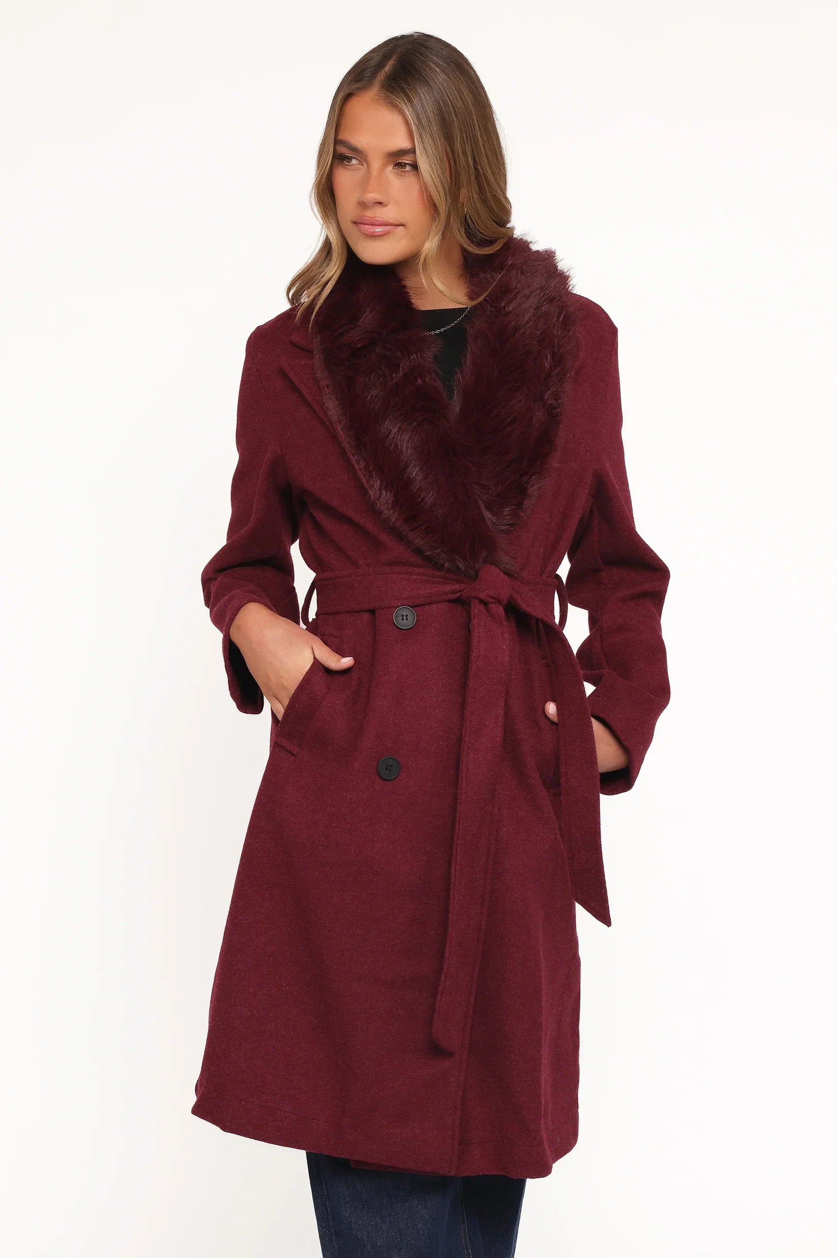 Nina Fur Collar Tie Waist Coat Burgundy