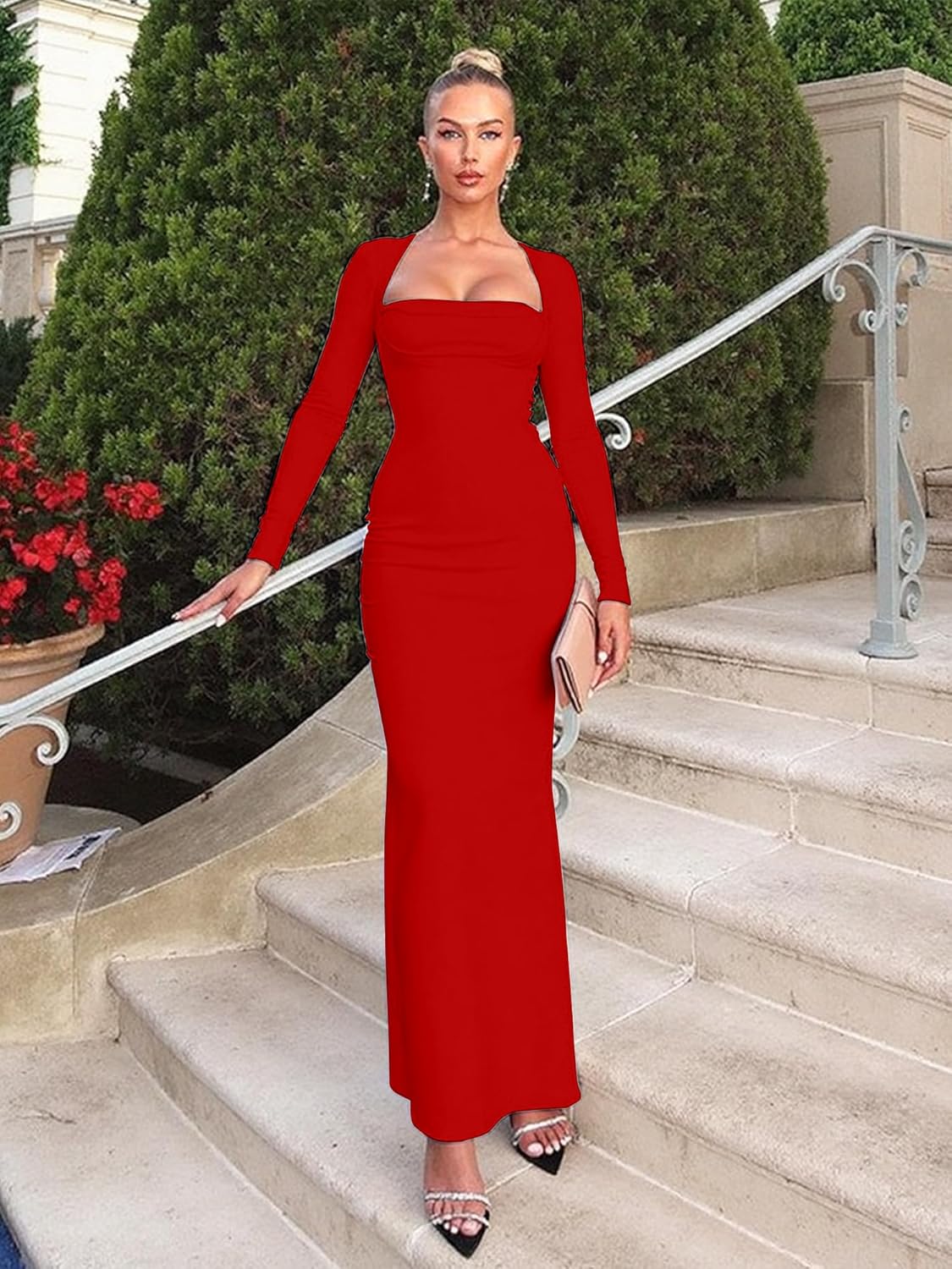 Long Sleeve Square Neck Bodycon Maxi Dress