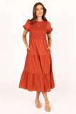 Naura Shirred Tiered Midi Dress Rust
