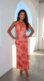 Sirenya Tropical Floral Halter Maxi Dress Coral Pink